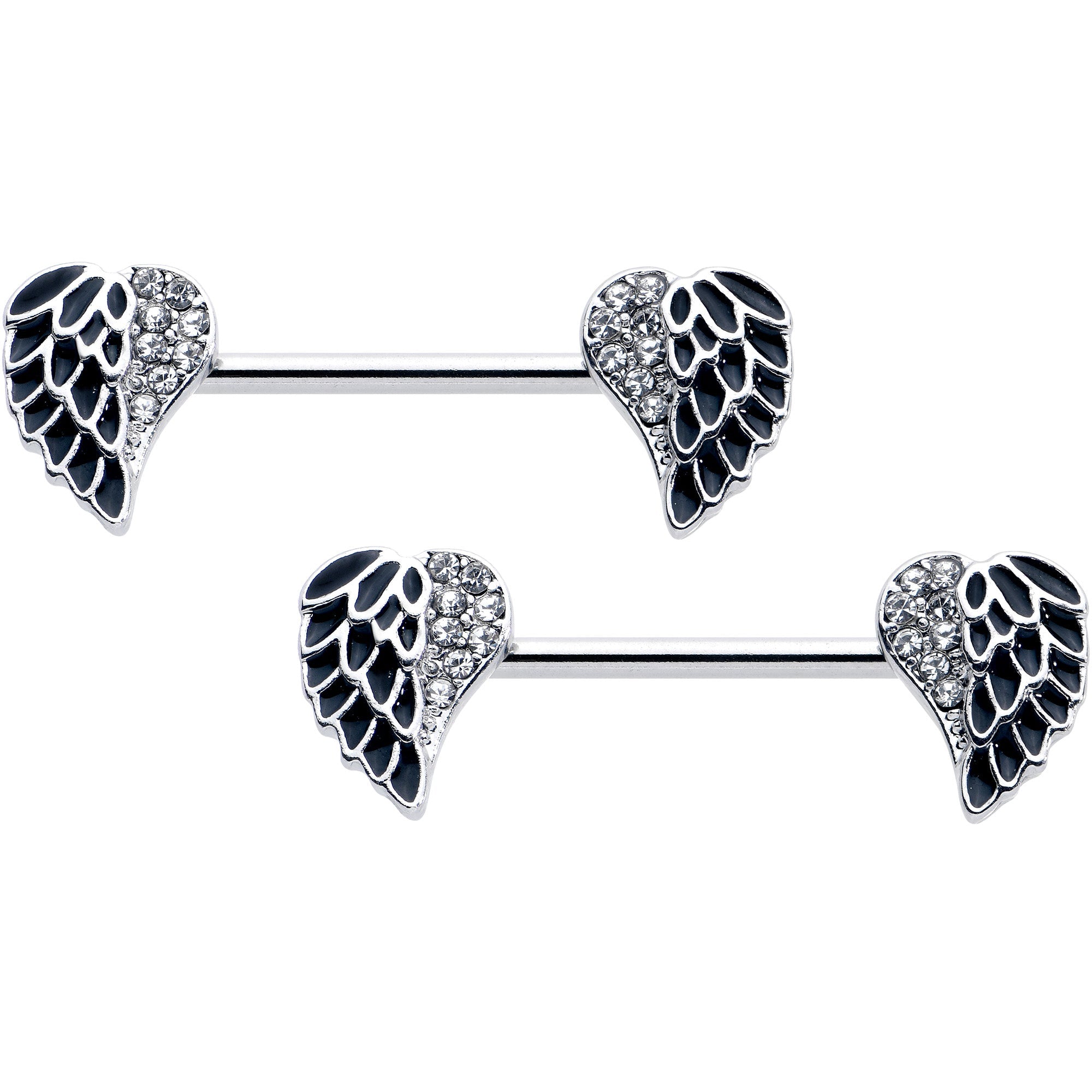 BodyCandy 14G 9/16 Clear Gem Heavenly Heart Angel Wing Black Nipple Ring Set — main product shot
