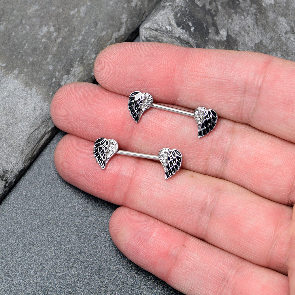 BodyCandy 14G 9/16 Clear Gem Heavenly Heart Angel Wing Black Nipple Ring Set — detail close-up