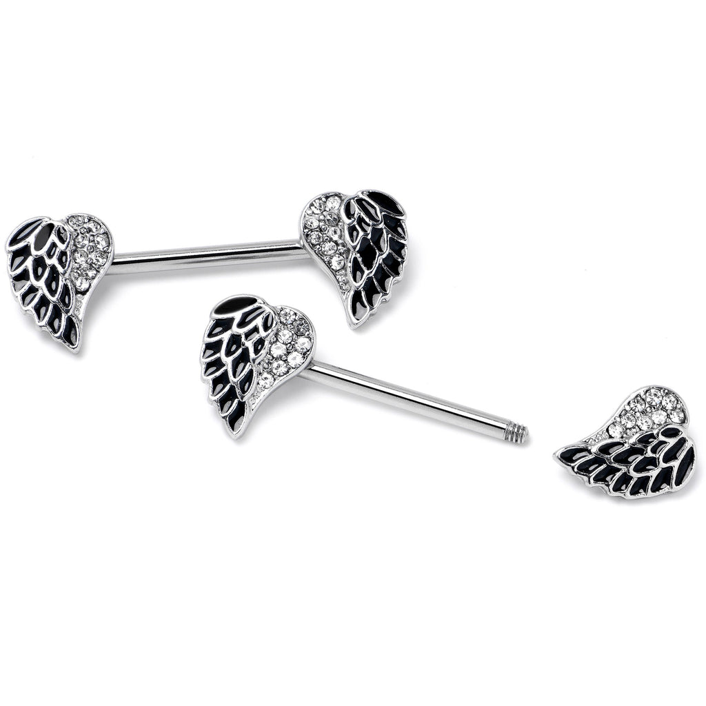 BodyCandy 14G 9/16 Clear Gem Heavenly Heart Angel Wing Black Nipple Ring Set — side view