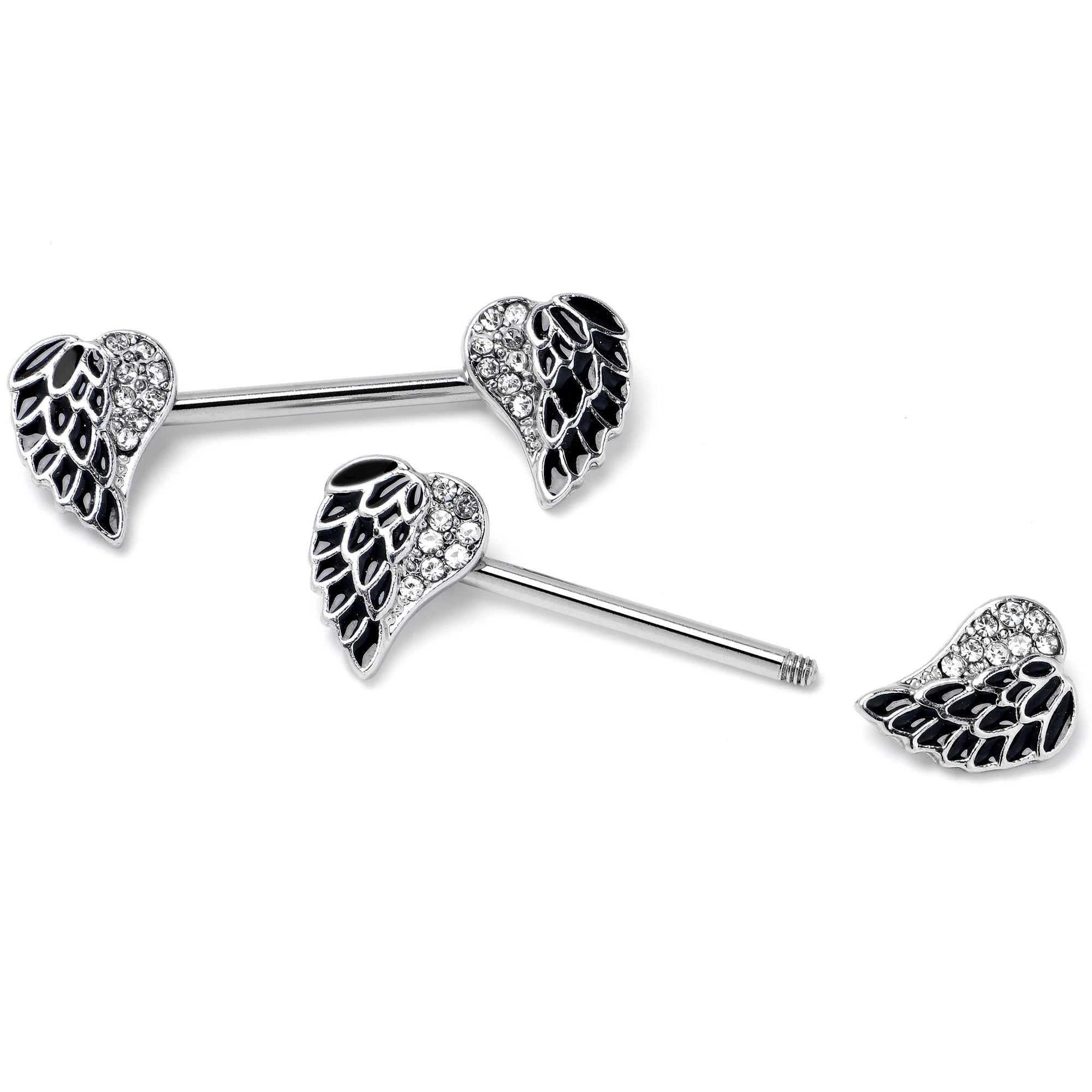 BodyCandy 14G 9/16 Clear Gem Heavenly Heart Angel Wing Black Nipple Ring Set — side view