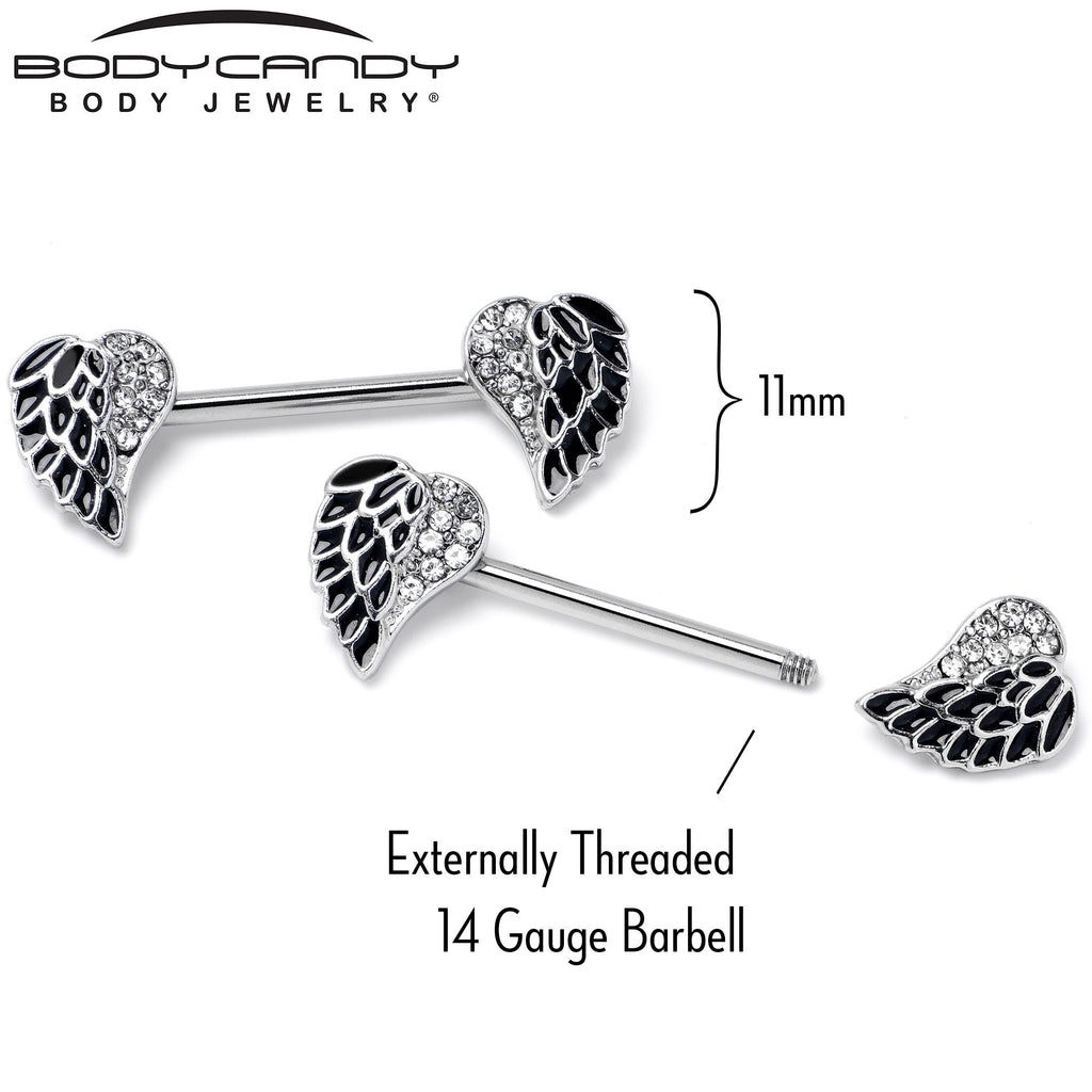 BodyCandy 14G 9/16 Clear Gem Heavenly Heart Angel Wing Black Nipple Ring Set — back view