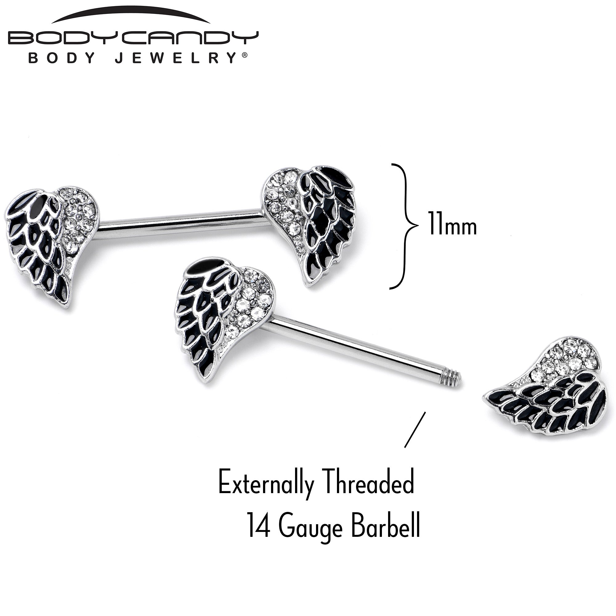 BodyCandy 14G 9/16 Clear Gem Heavenly Heart Angel Wing Black Nipple Ring Set — back view