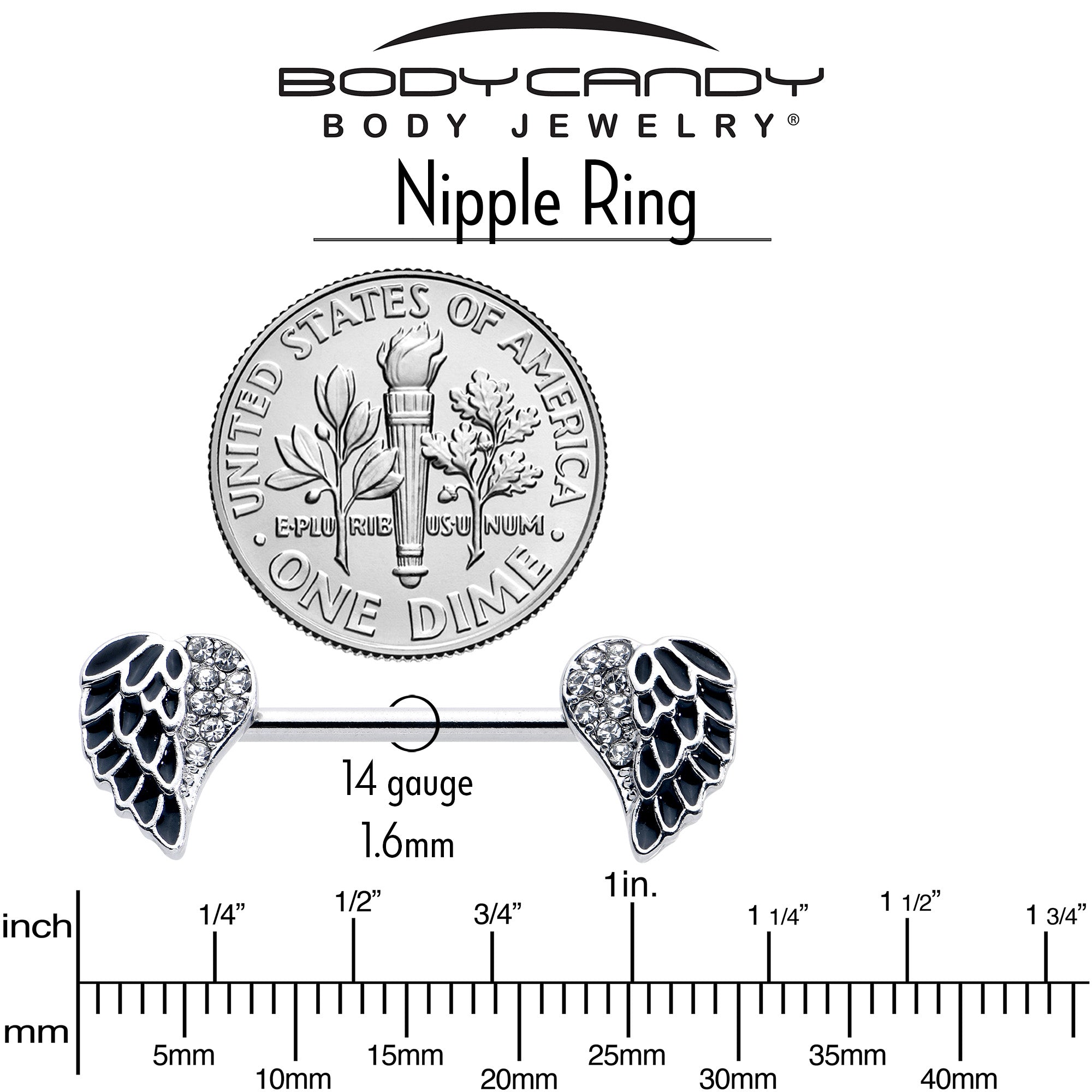 BodyCandy 14G 9/16 Clear Gem Heavenly Heart Angel Wing Black Nipple Ring Set — alternative angle