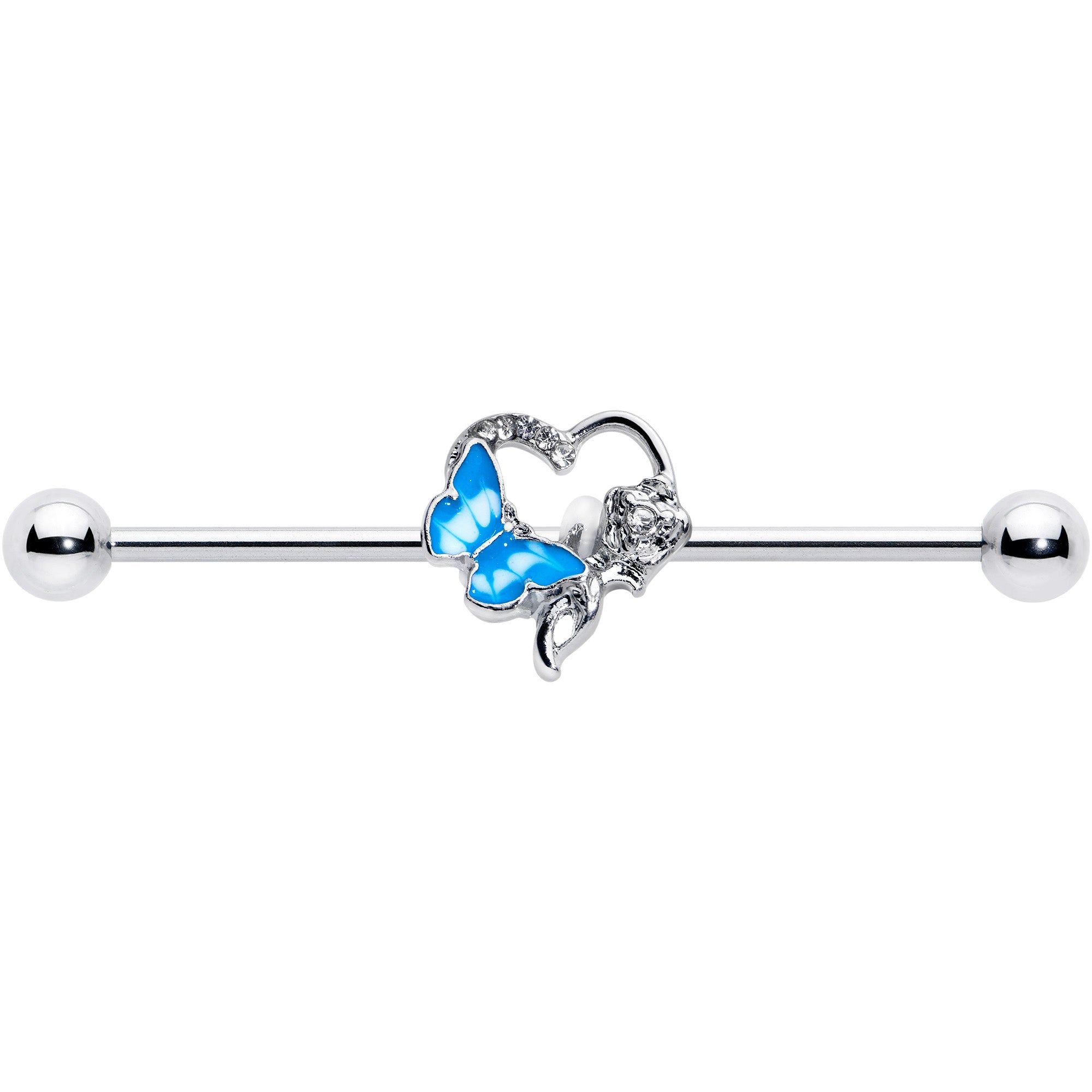 BodyCandy 14G Clear Gem Butterfly Flower Blue Industrial Barbell 38mm — detail close-up