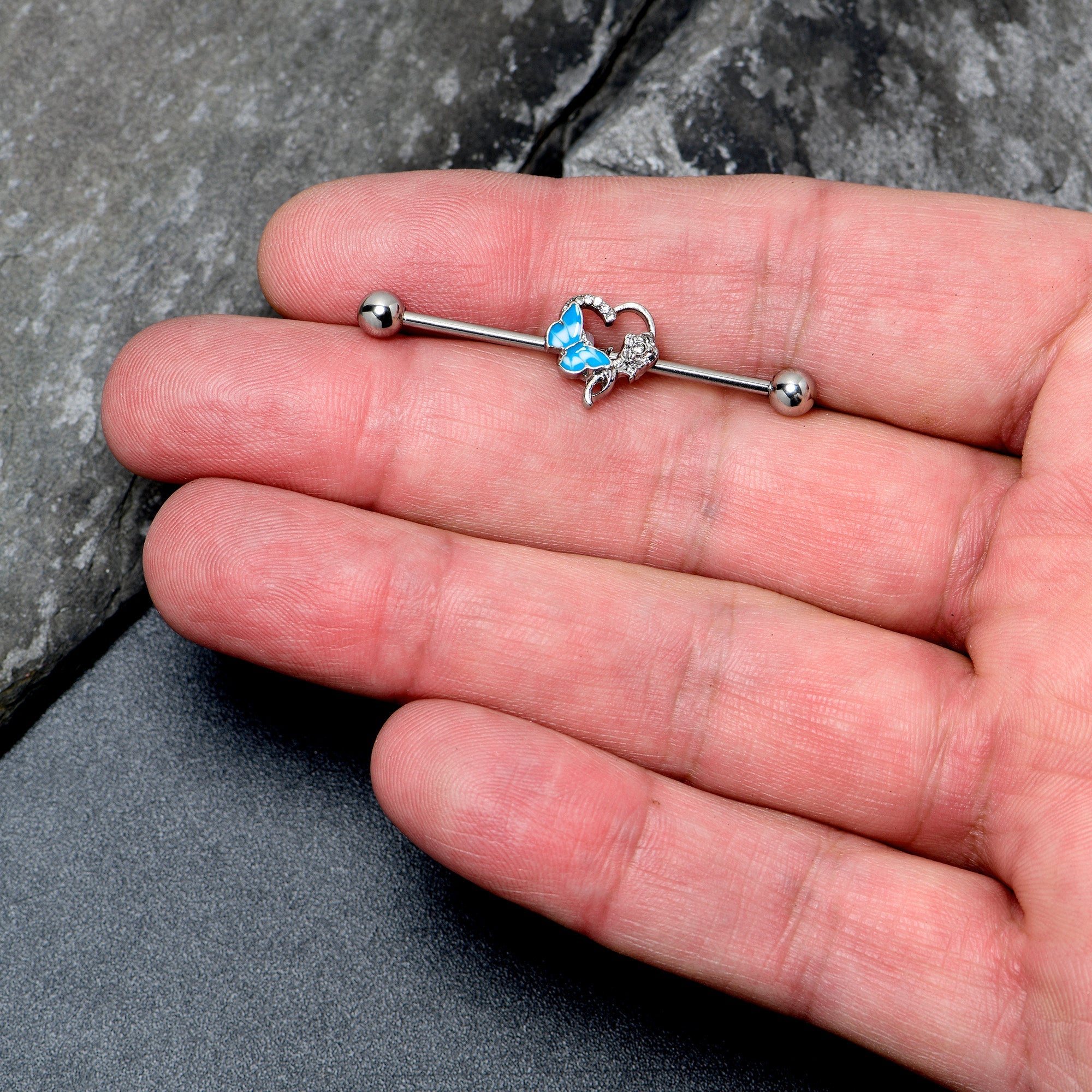 BodyCandy 14G Clear Gem Butterfly Flower Blue Industrial Barbell 38mm — lifestyle context