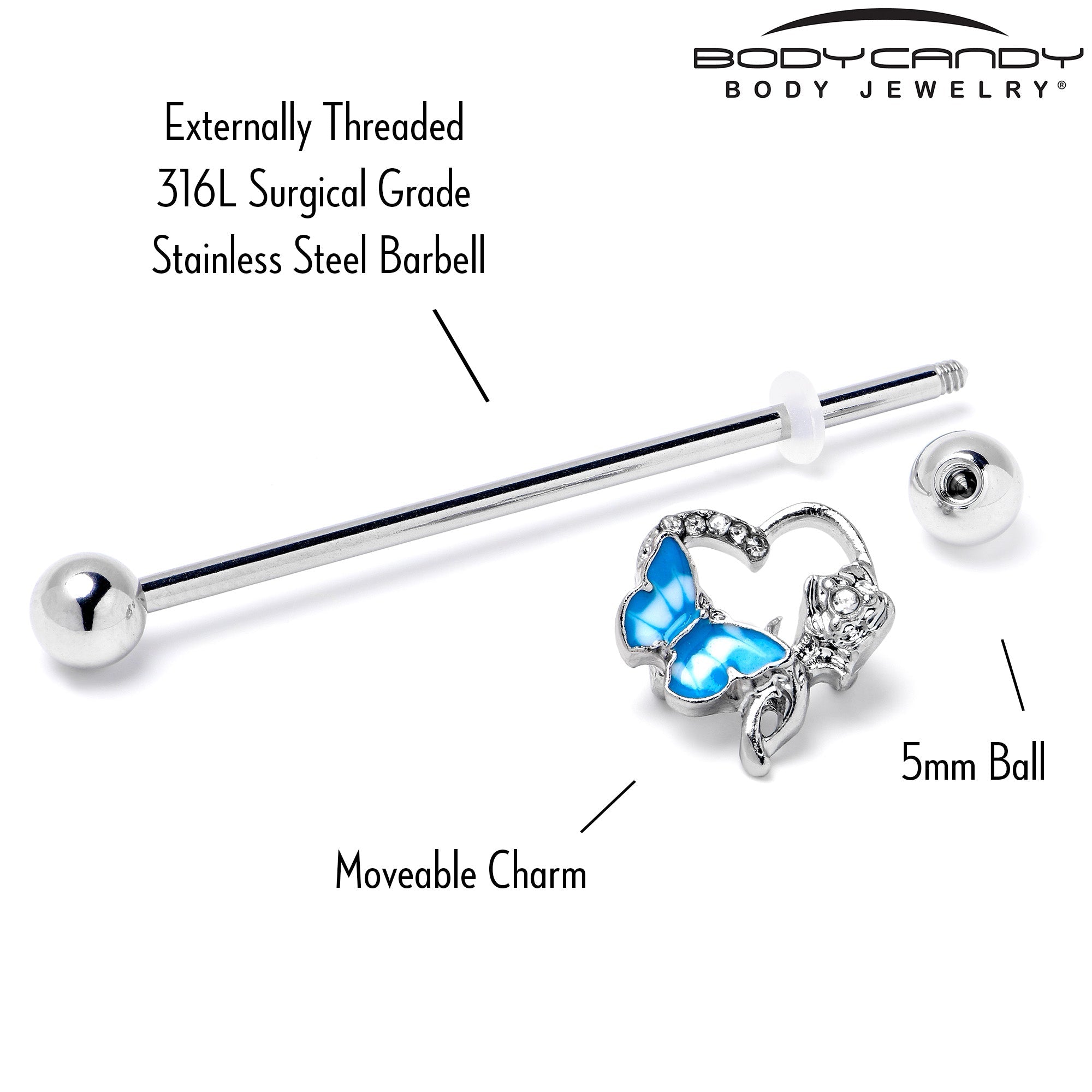 BodyCandy 14G Clear Gem Butterfly Flower Blue Industrial Barbell 38mm — alternative angle