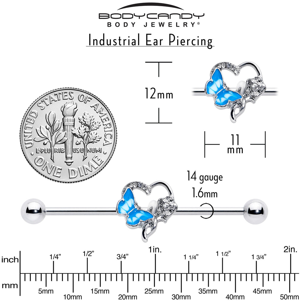 BodyCandy 14G Clear Gem Butterfly Flower Blue Industrial Barbell 38mm — in-use photo