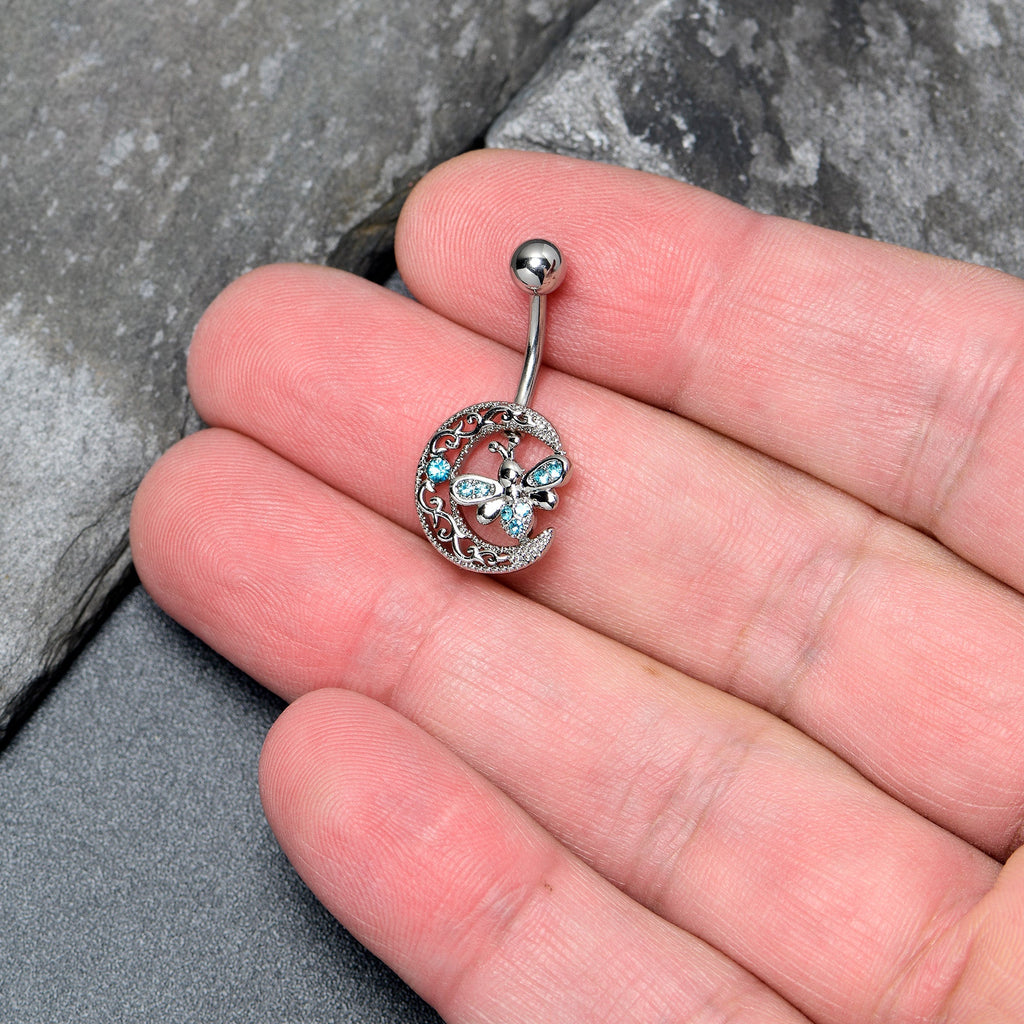 BodyCandy Blue Gem Lunar Dragonfly Dangle Belly Ring — detail close-up