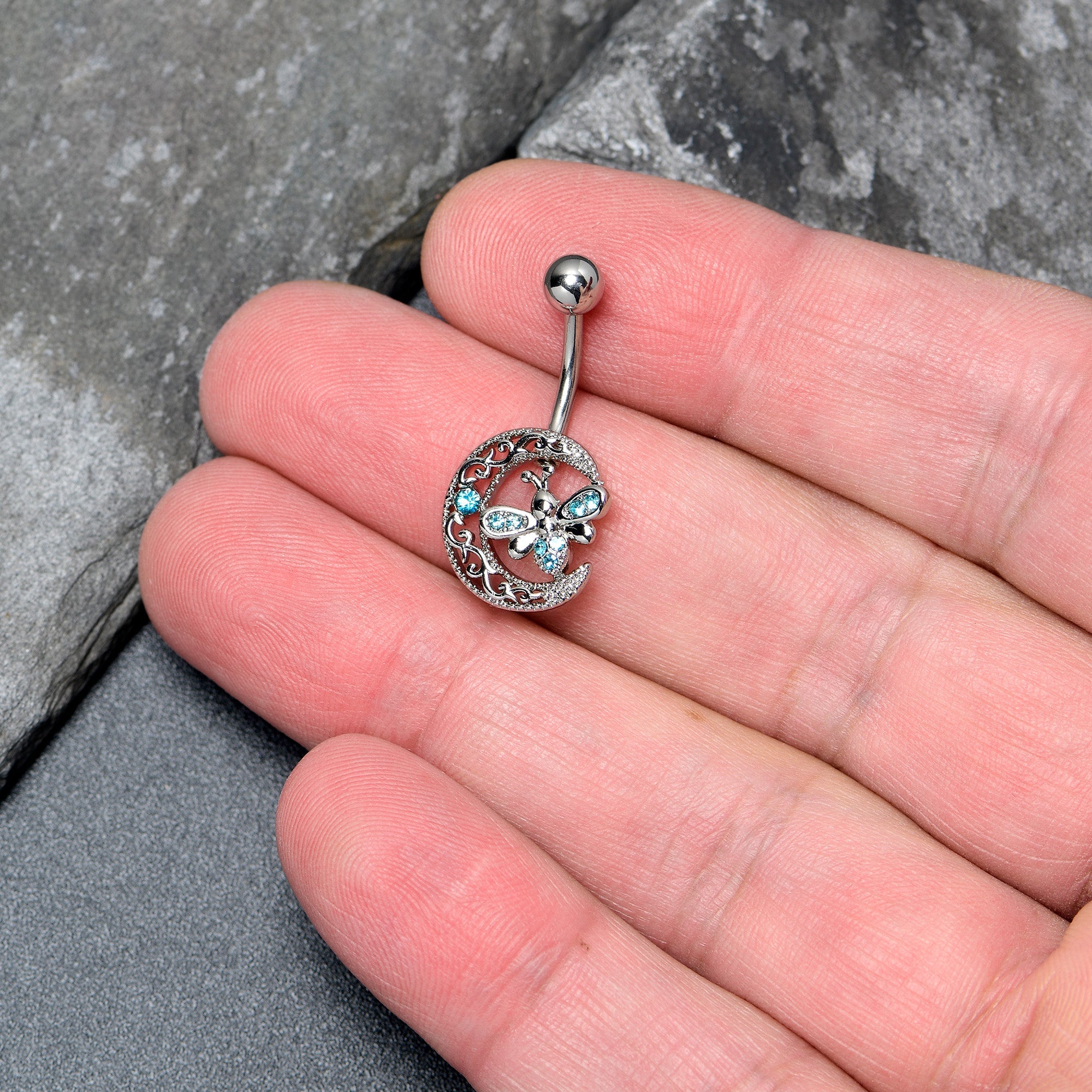 BodyCandy Blue Gem Lunar Dragonfly Dangle Belly Ring — detail close-up