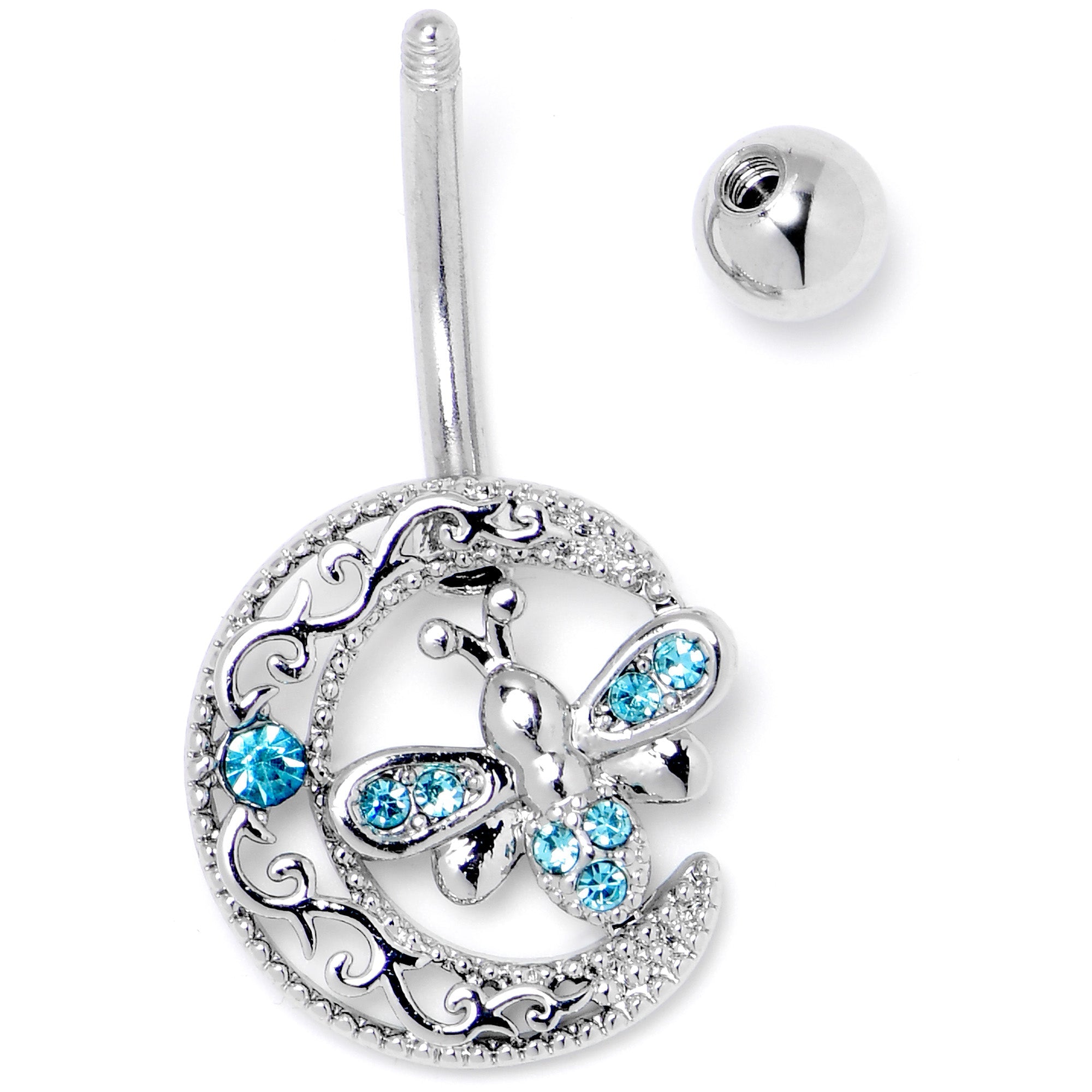 BodyCandy Blue Gem Lunar Dragonfly Dangle Belly Ring — side view