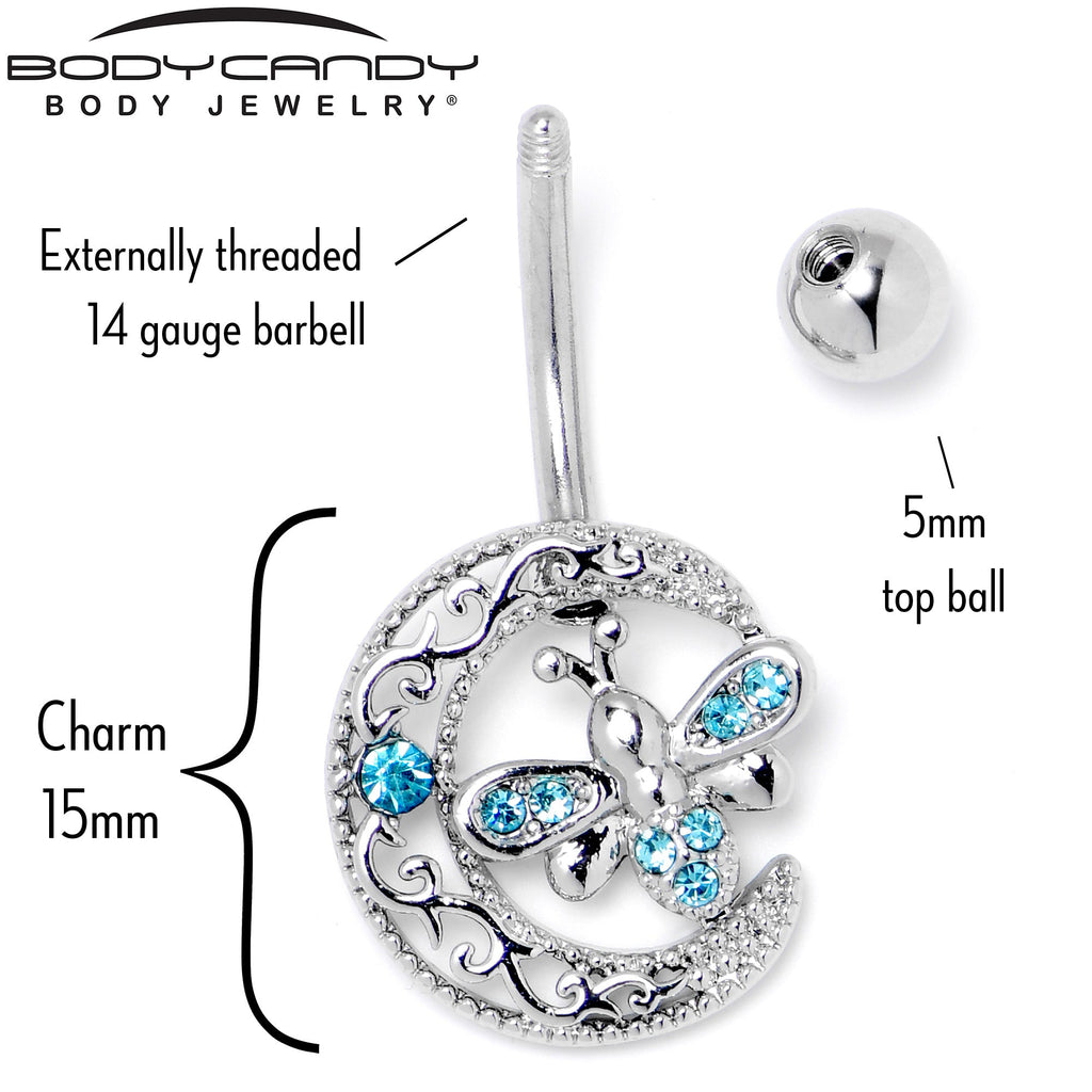 BodyCandy Blue Gem Lunar Dragonfly Dangle Belly Ring — back view