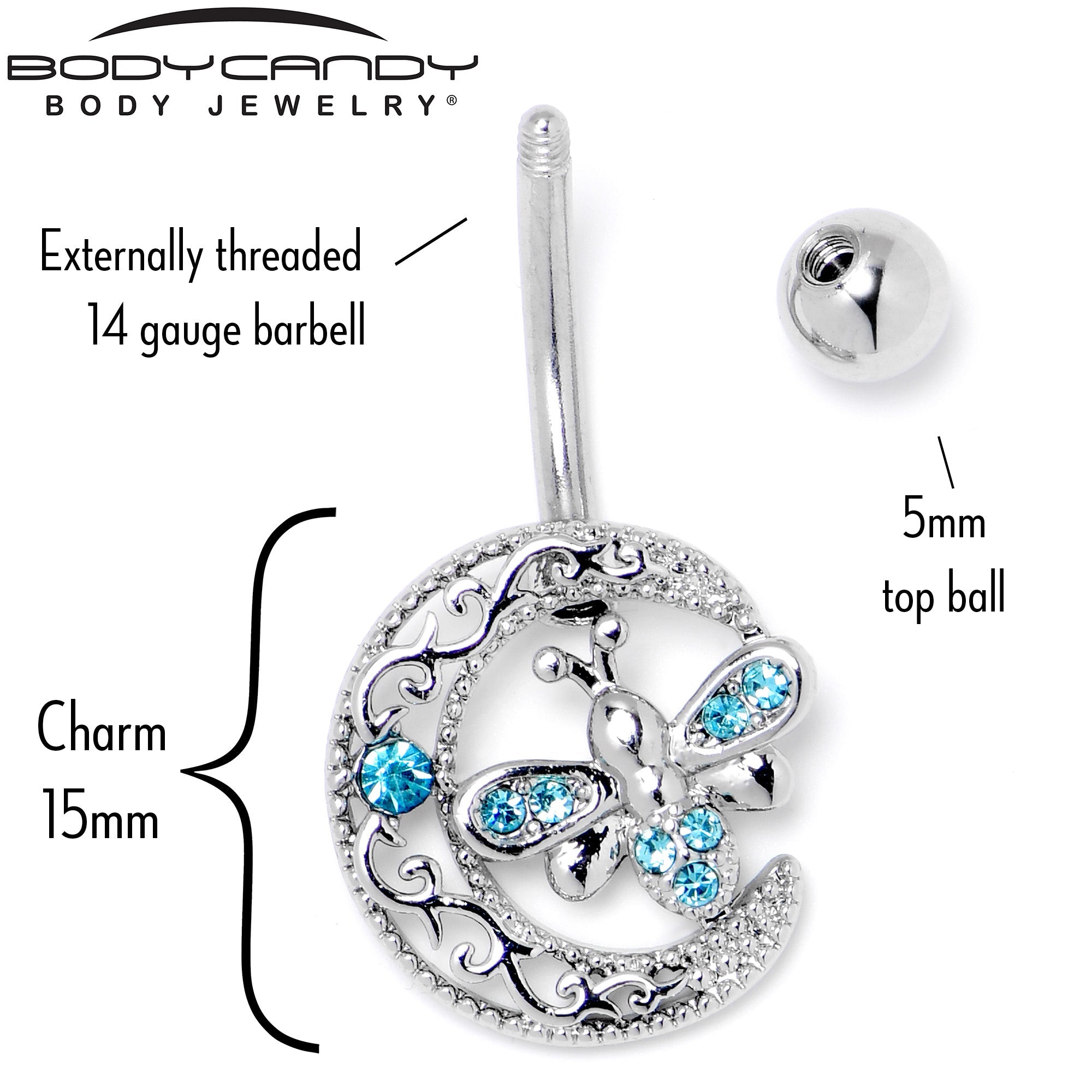 BodyCandy Blue Gem Lunar Dragonfly Dangle Belly Ring — back view