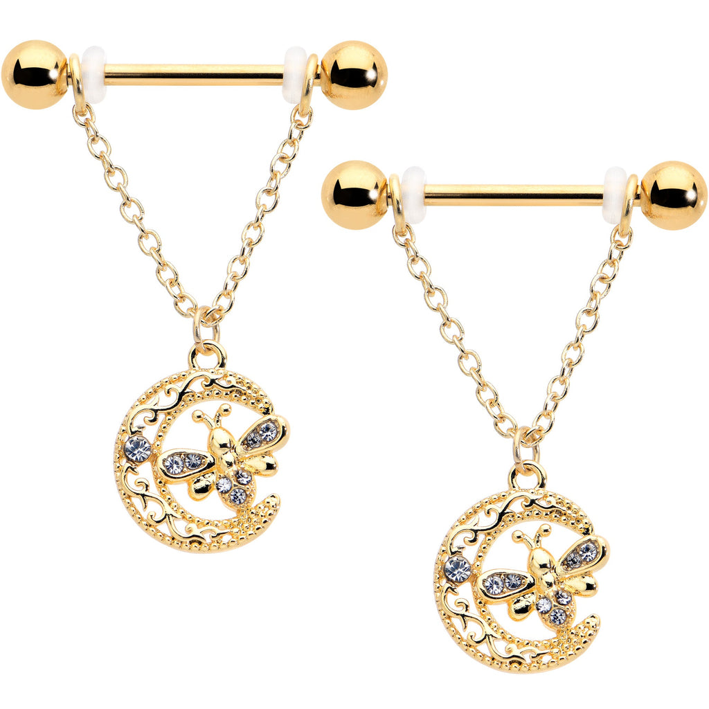 BodyCandy 14G 3/4 Clear Gem Gold Tone Lunar Dragonfly Dangle Nipple Ring Set — main product shot