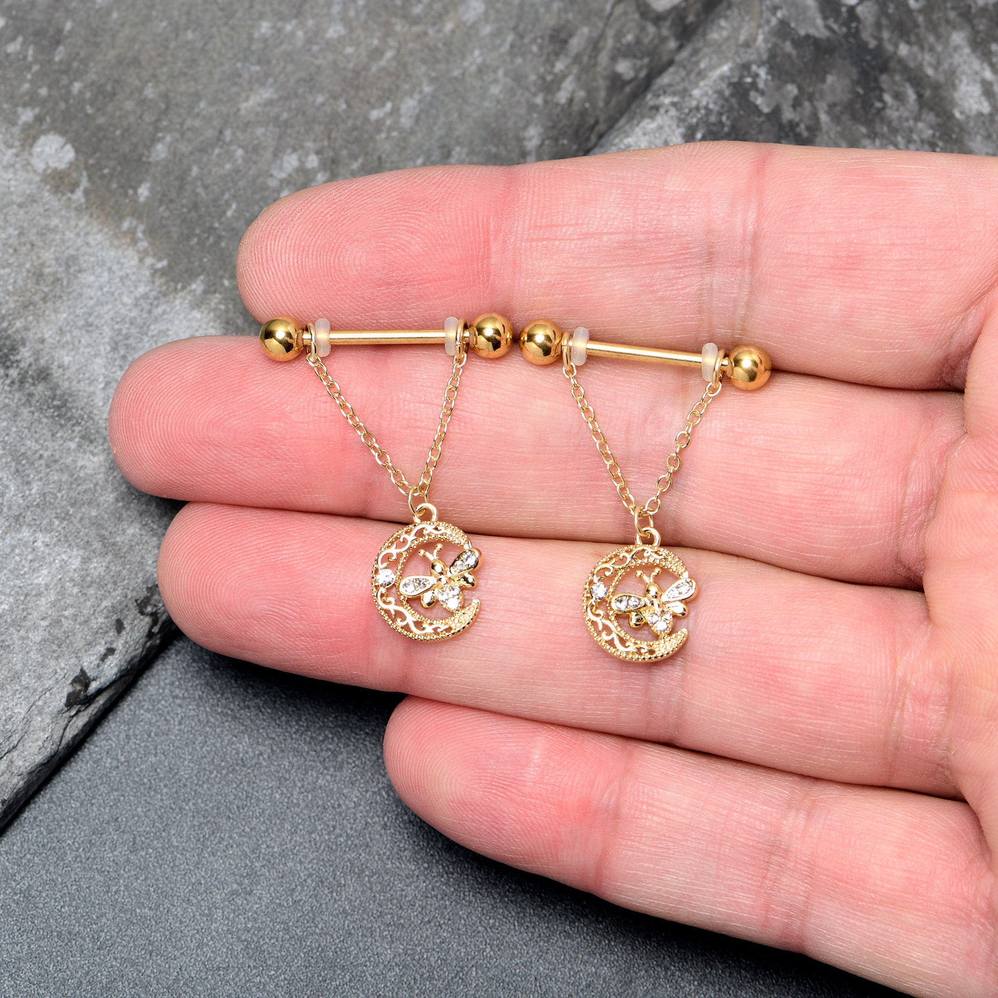 BodyCandy 14G 3/4 Clear Gem Gold Tone Lunar Dragonfly Dangle Nipple Ring Set — detail close-up