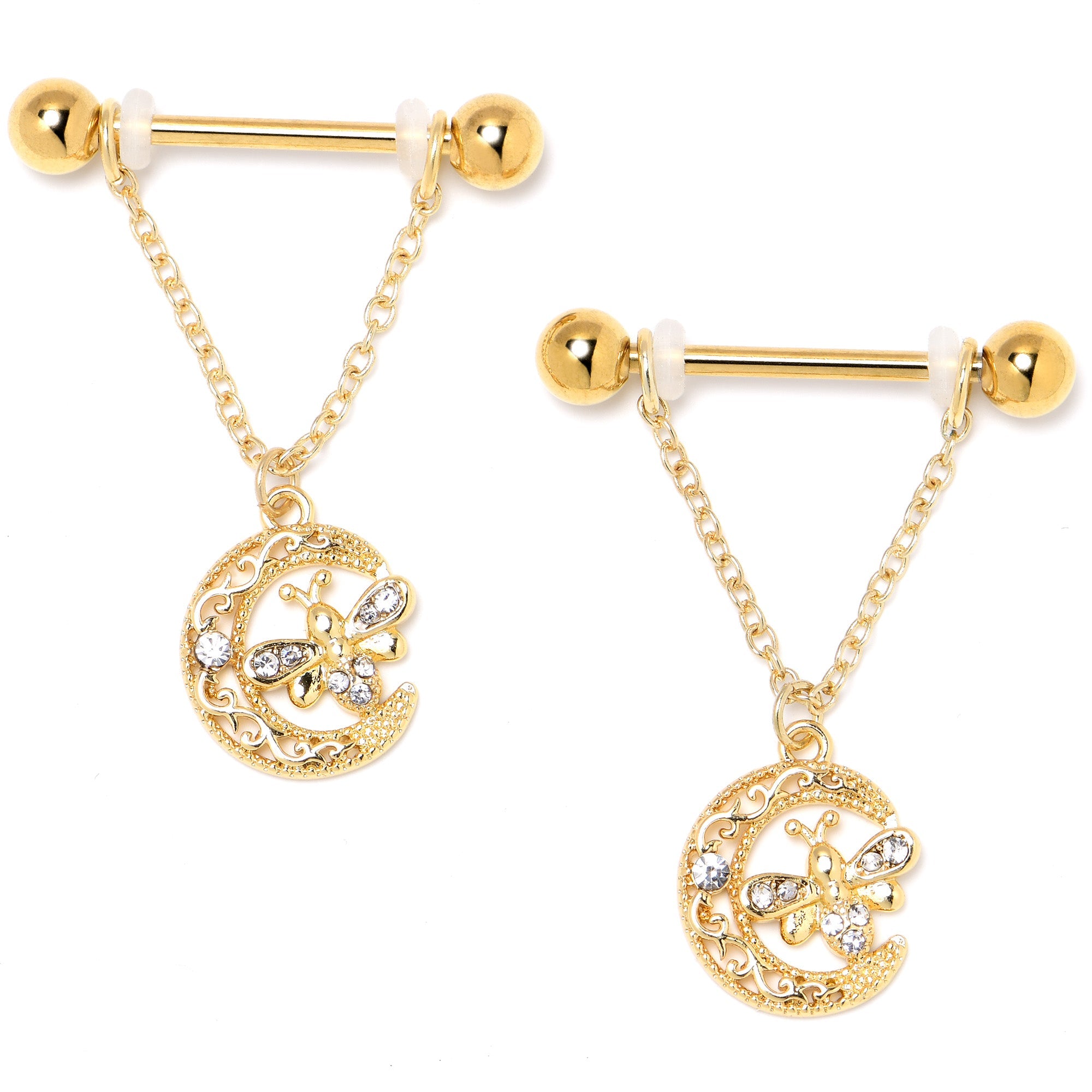 BodyCandy 14G 3/4 Clear Gem Gold Tone Lunar Dragonfly Dangle Nipple Ring Set — lifestyle context