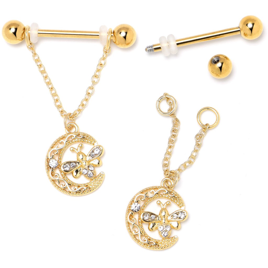 BodyCandy 14G 3/4 Clear Gem Gold Tone Lunar Dragonfly Dangle Nipple Ring Set — side view
