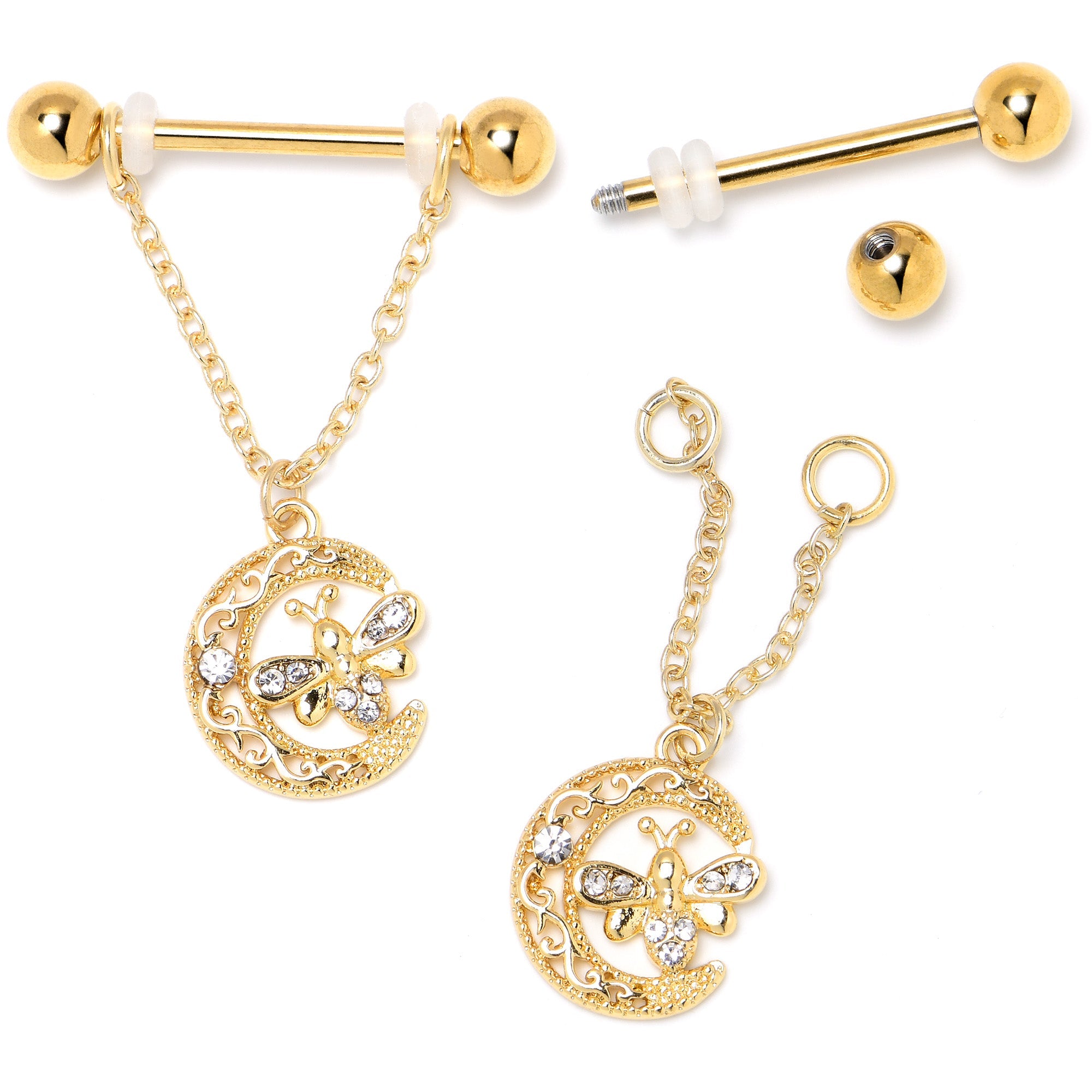 BodyCandy 14G 3/4 Clear Gem Gold Tone Lunar Dragonfly Dangle Nipple Ring Set — side view