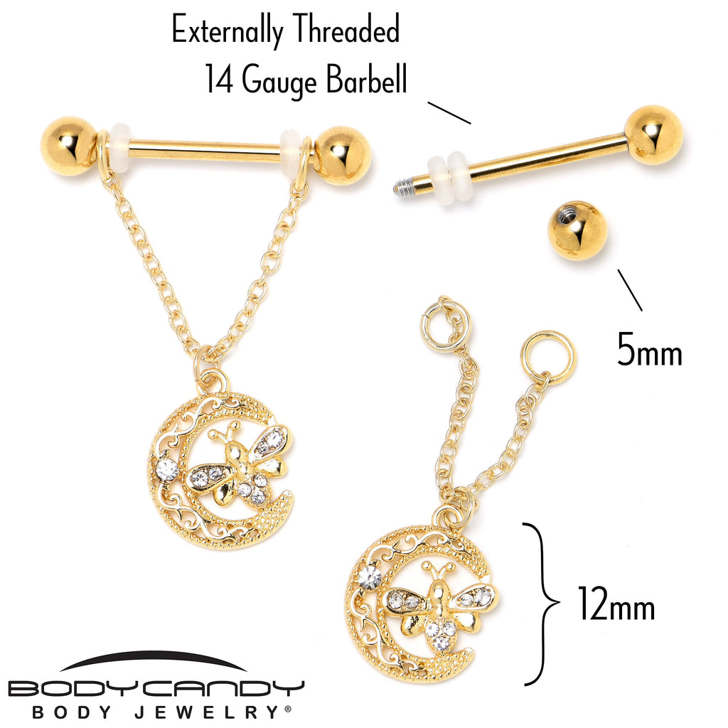 BodyCandy 14G 3/4 Clear Gem Gold Tone Lunar Dragonfly Dangle Nipple Ring Set — back view