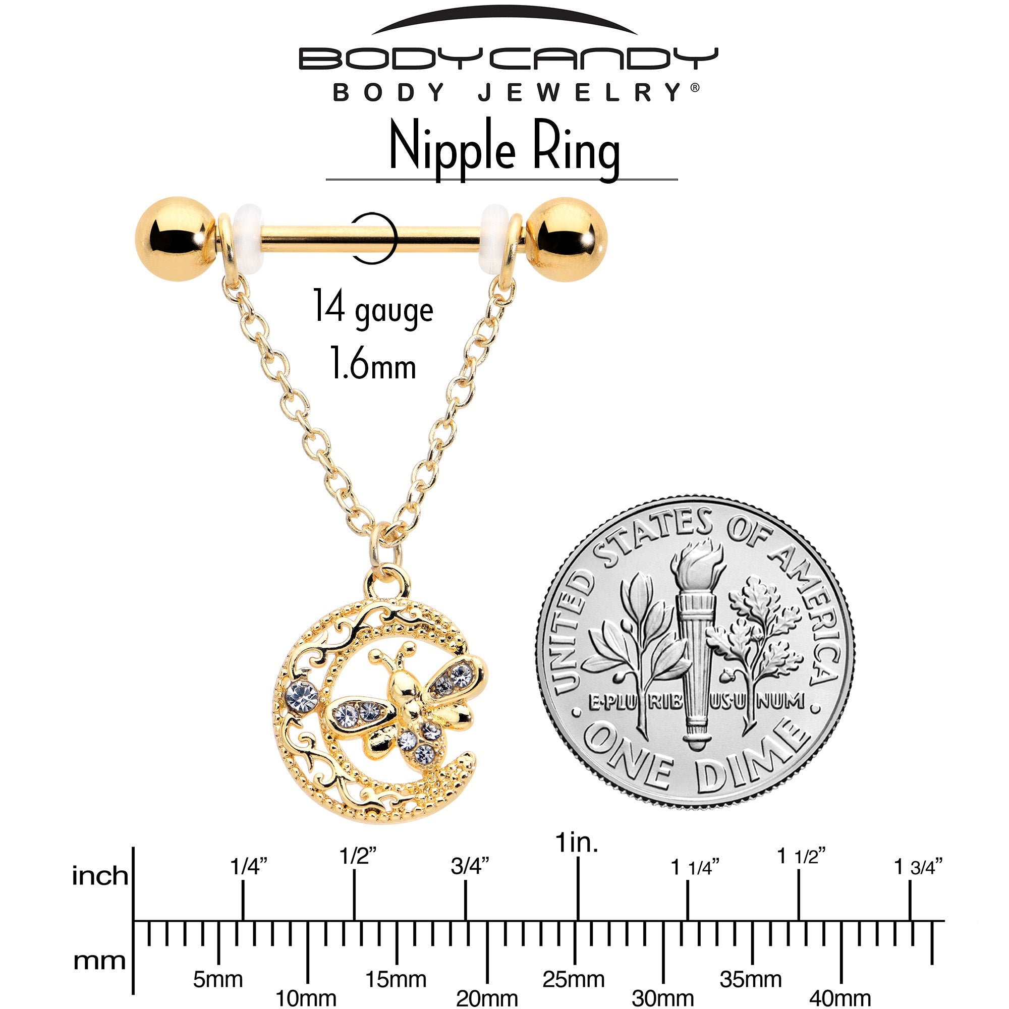 BodyCandy 14G 3/4 Clear Gem Gold Tone Lunar Dragonfly Dangle Nipple Ring Set — alternative angle