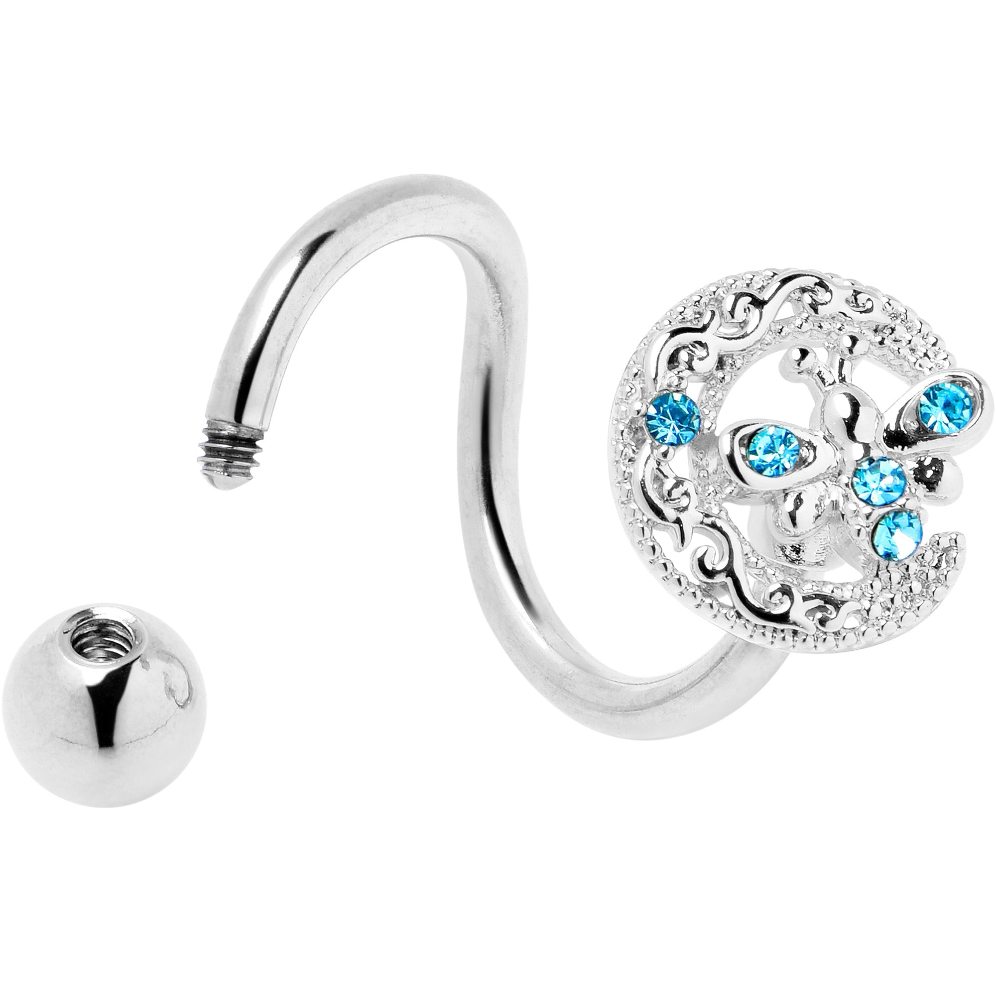 BodyCandy Blue Gem Lunar Dragonfly Spiral Twister Belly Ring — detail close-up