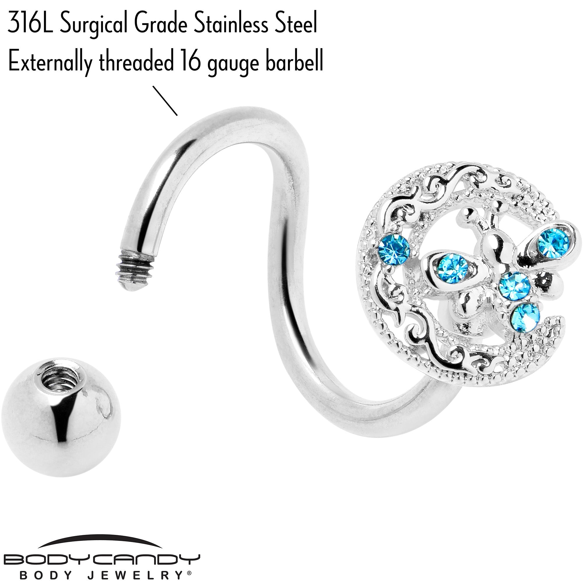 BodyCandy Blue Gem Lunar Dragonfly Spiral Twister Belly Ring — side view