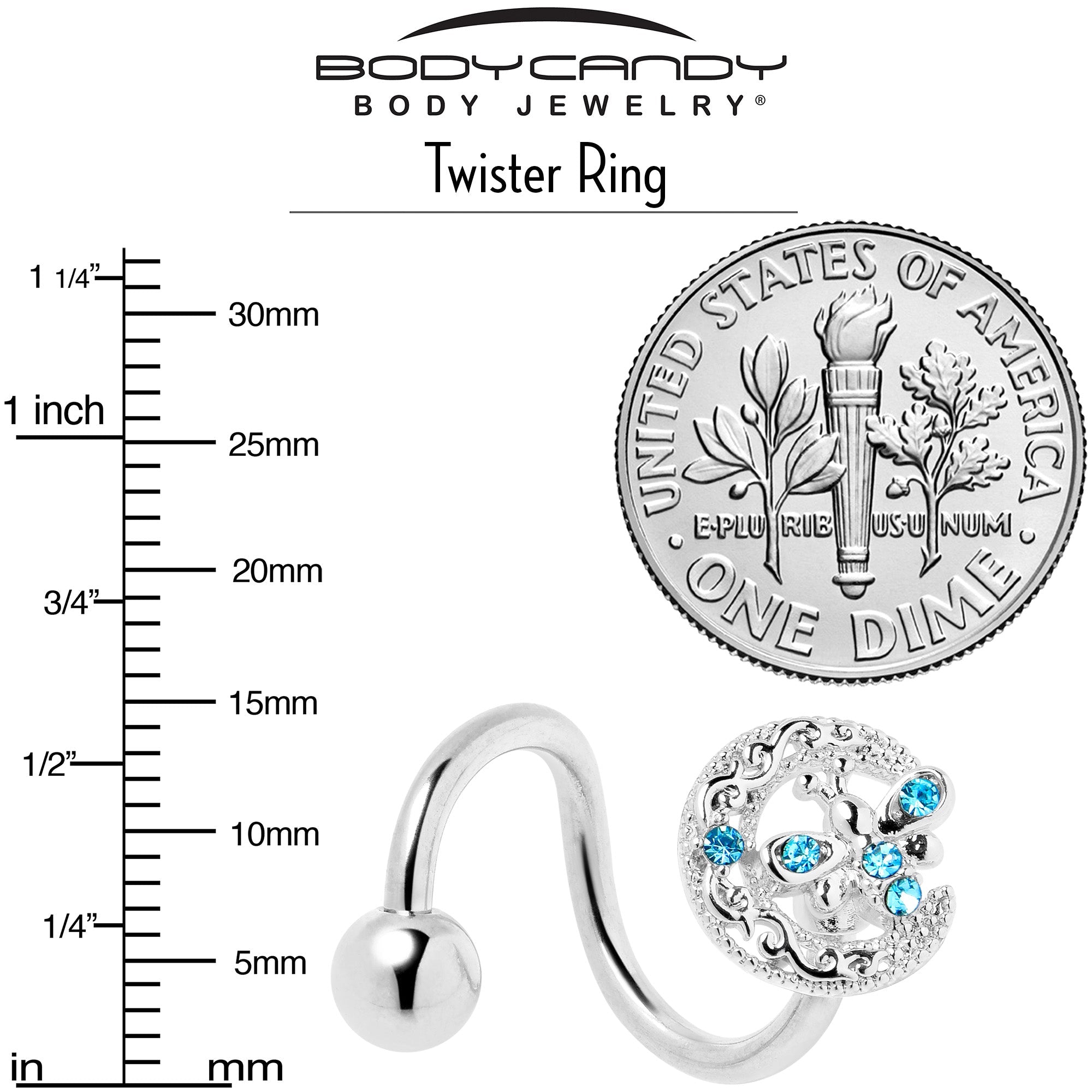 BodyCandy Blue Gem Lunar Dragonfly Spiral Twister Belly Ring — back view
