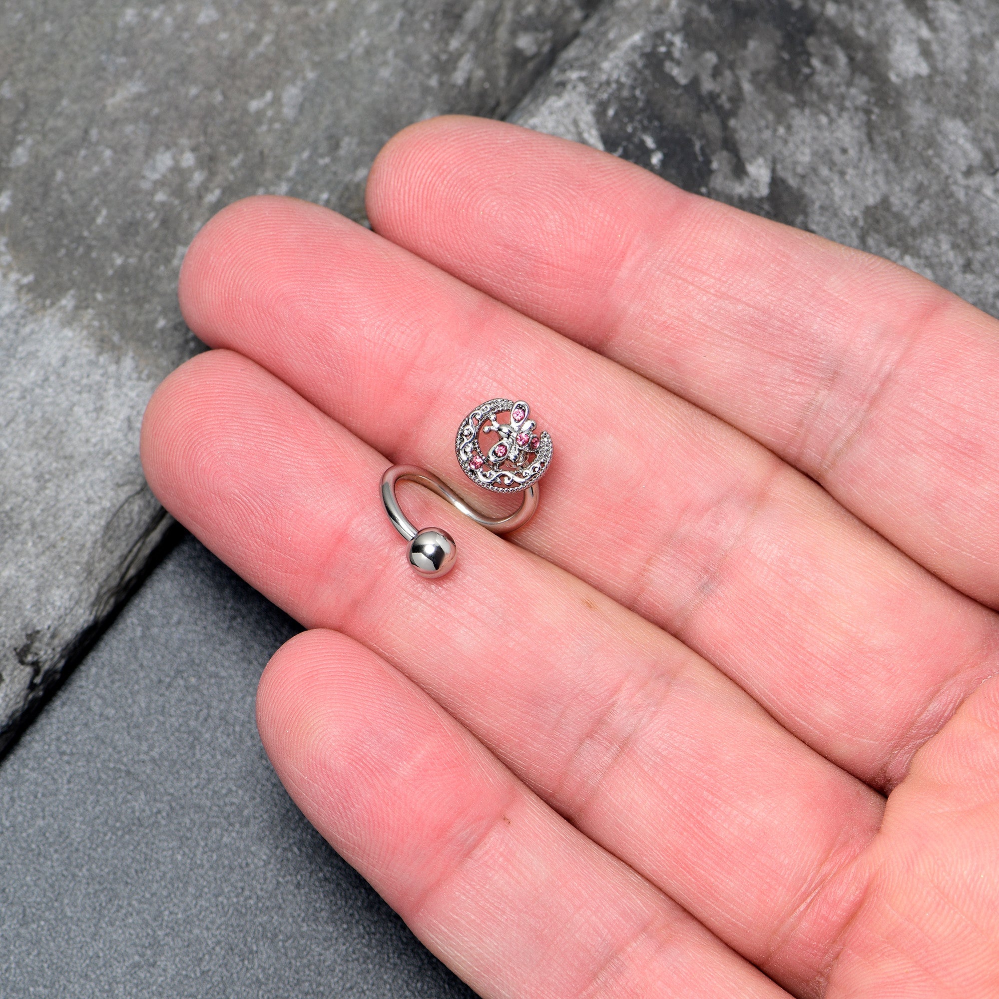 BodyCandy Pink Gem Lunar Dragonfly Spiral Twister Belly Ring — lifestyle context