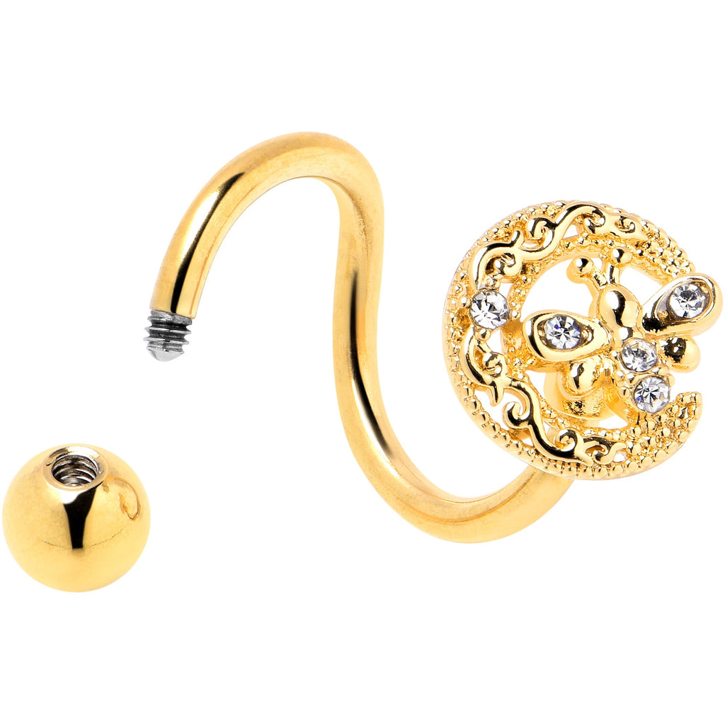 BodyCandy Clear Gem Gold Tone Lunar Dragonfly Spiral Twister Belly Ring — detail close-up