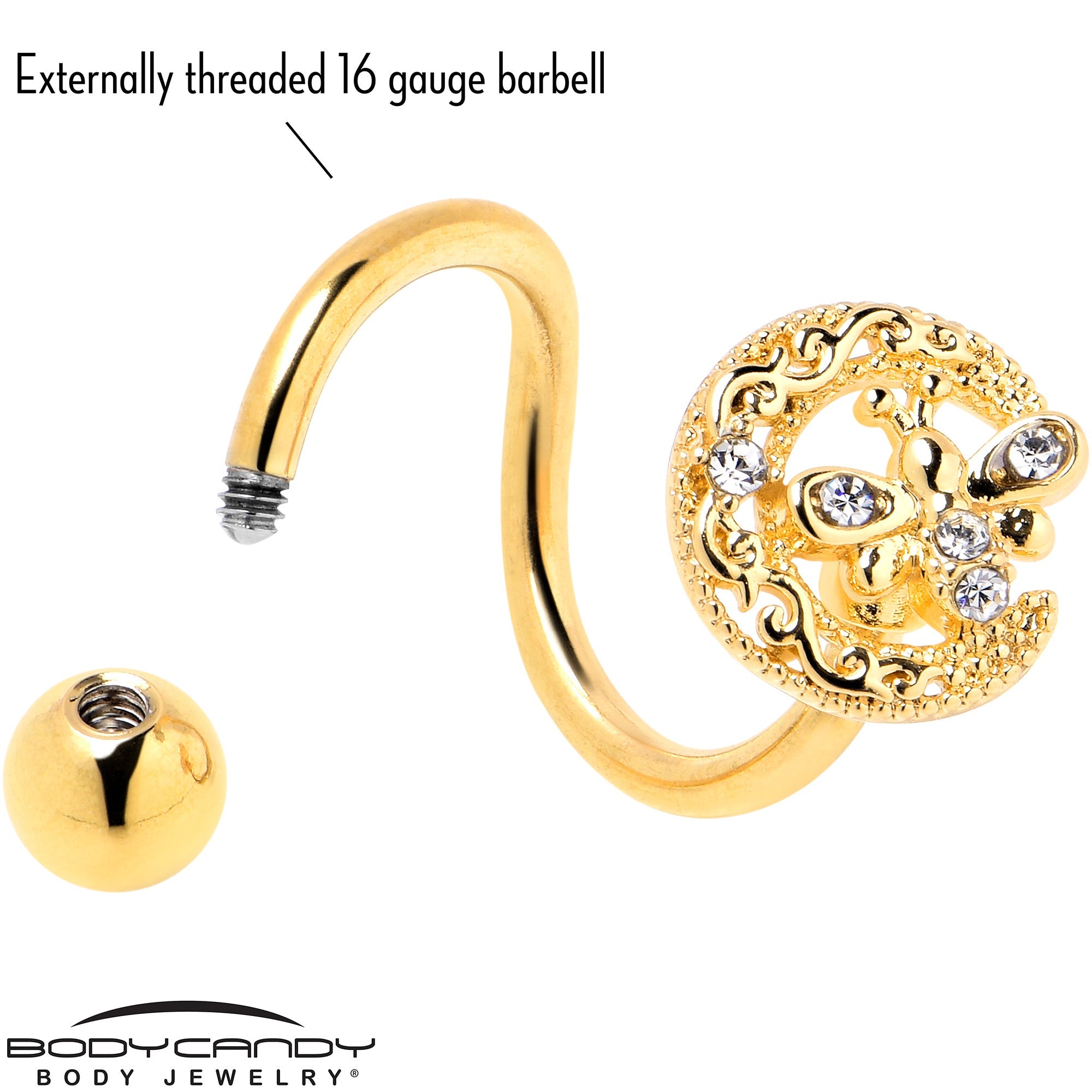 BodyCandy Clear Gem Gold Tone Lunar Dragonfly Spiral Twister Belly Ring — side view