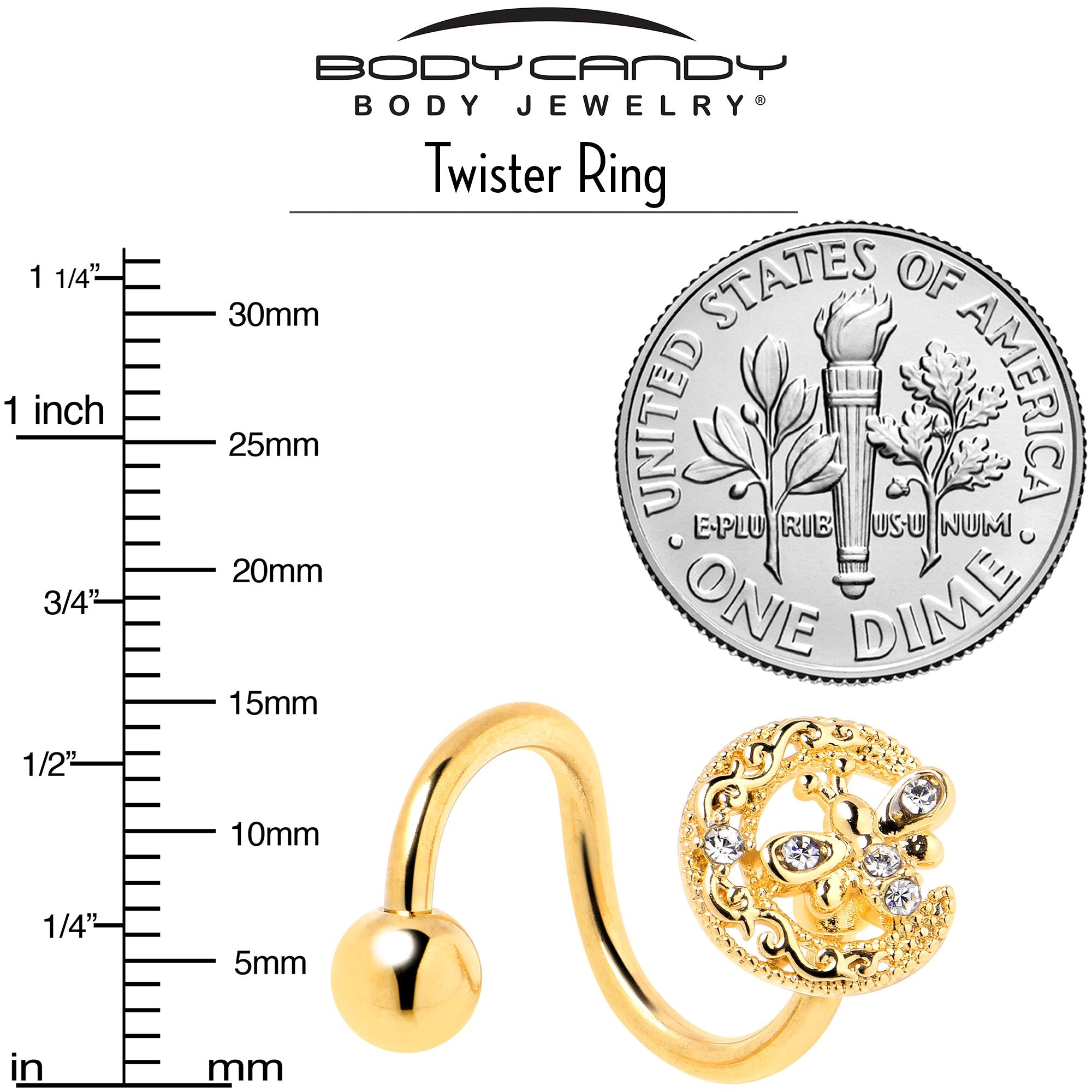 BodyCandy Clear Gem Gold Tone Lunar Dragonfly Spiral Twister Belly Ring — back view