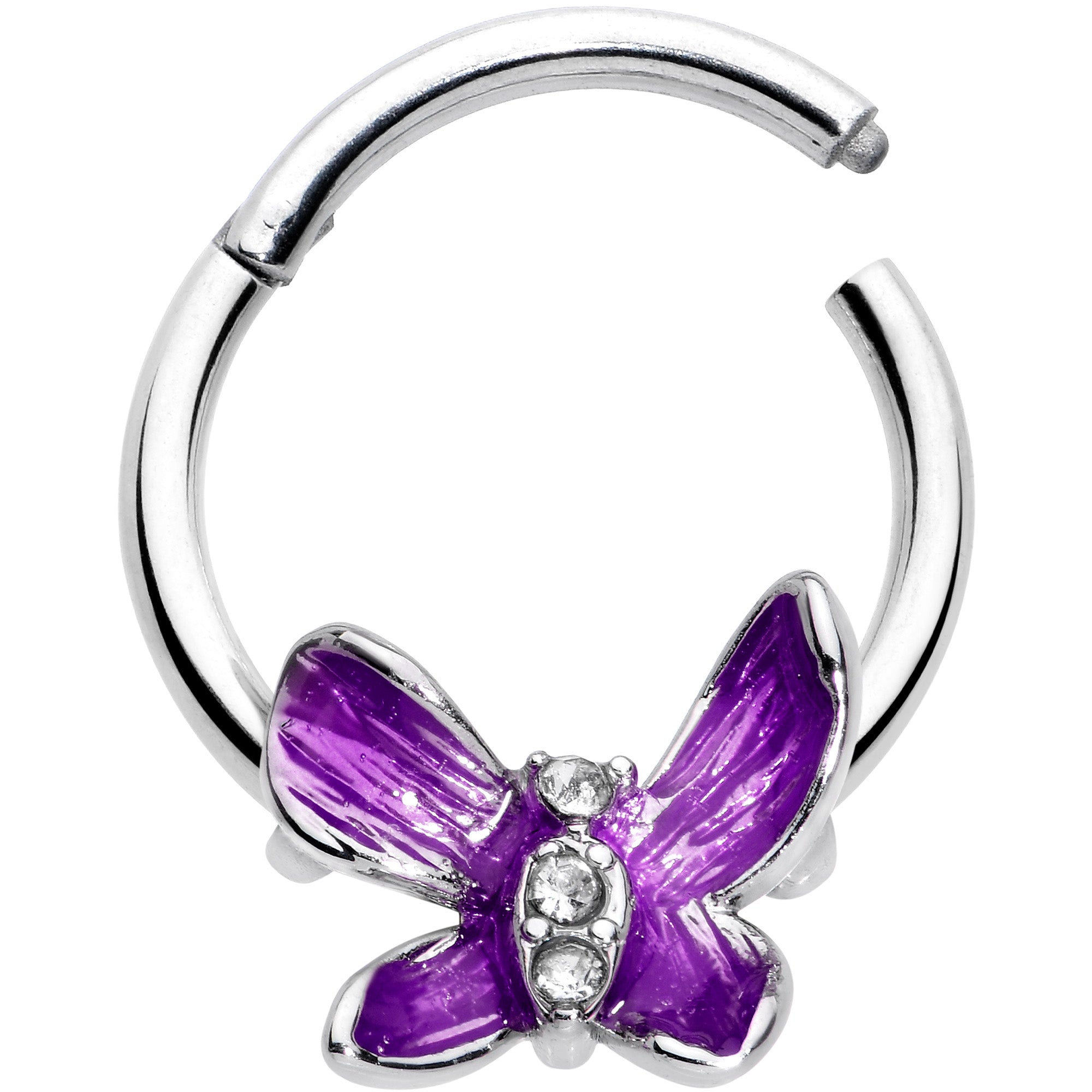 BodyCandy 16G 3/8 Clear Gem Chunky Butterfly Purple Hinged Segment Ring — detail close-up