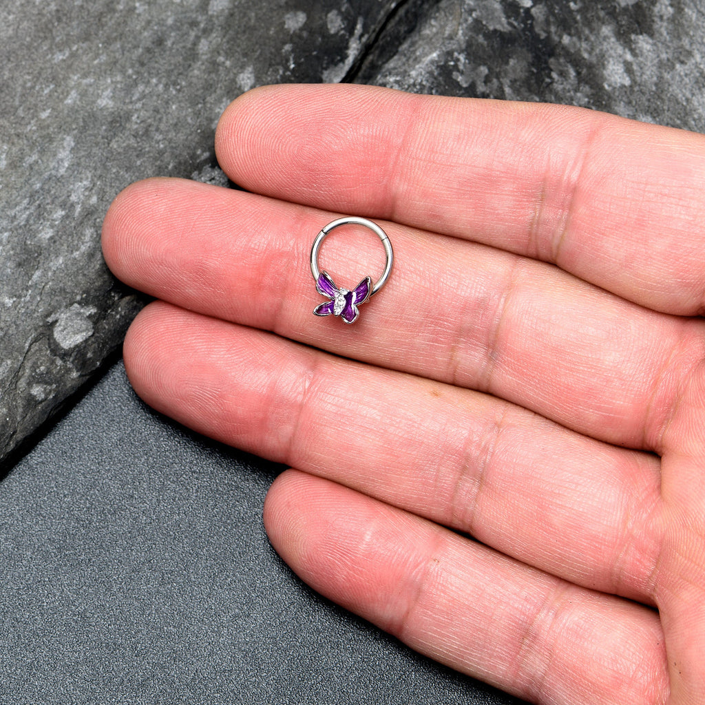 BodyCandy 16G 3/8 Clear Gem Chunky Butterfly Purple Hinged Segment Ring — lifestyle context