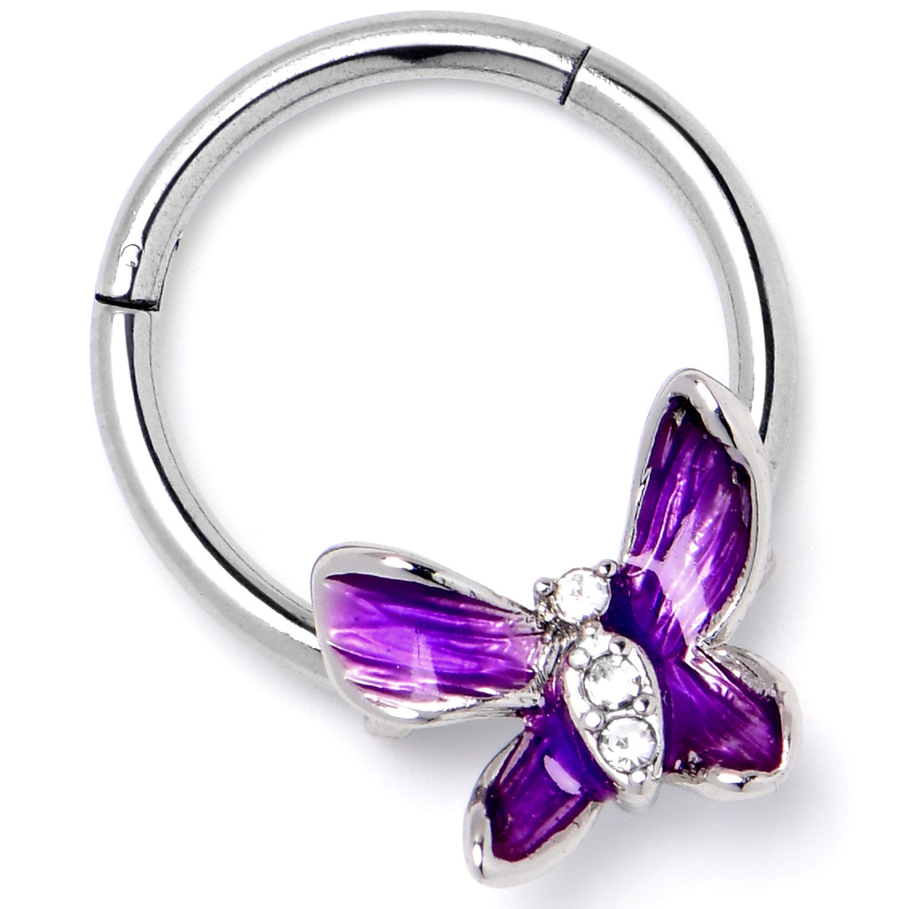BodyCandy 16G 3/8 Clear Gem Chunky Butterfly Purple Hinged Segment Ring — side view
