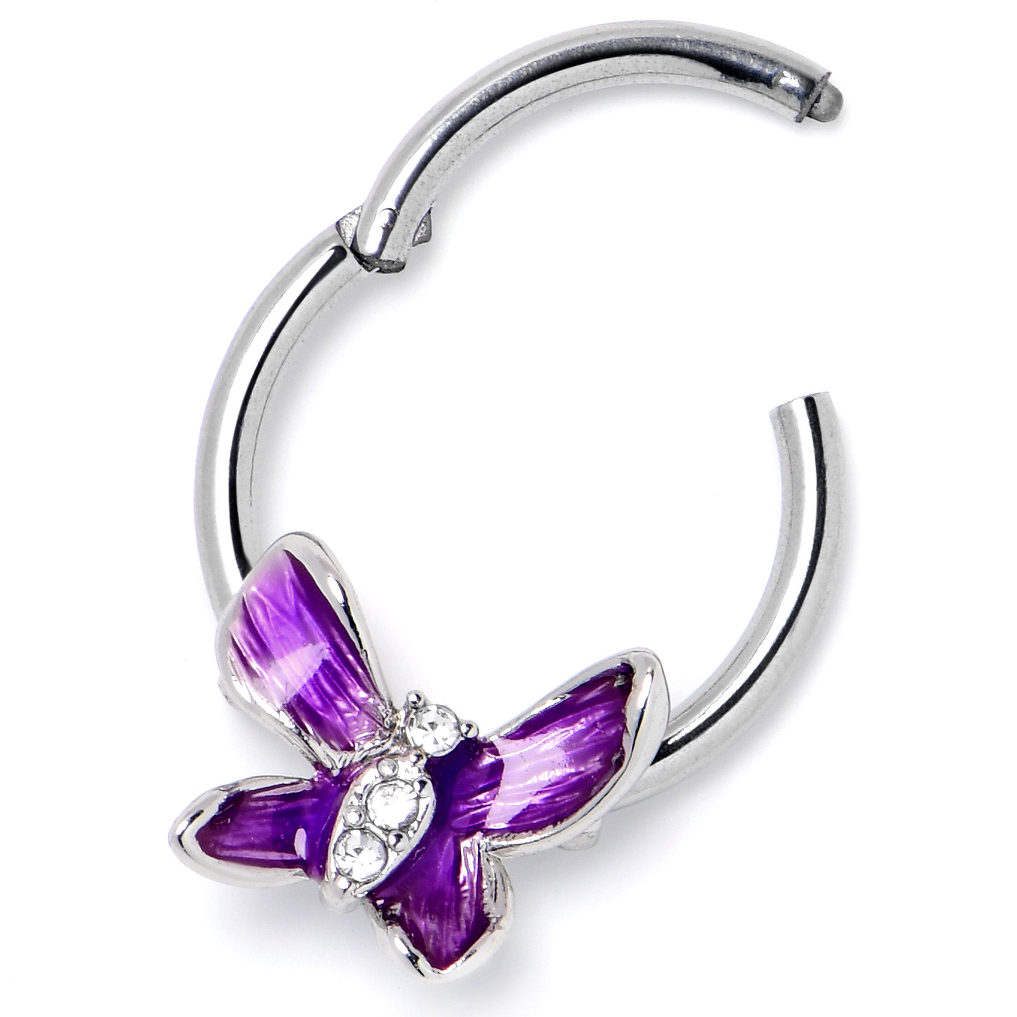 BodyCandy 16G 3/8 Clear Gem Chunky Butterfly Purple Hinged Segment Ring — back view