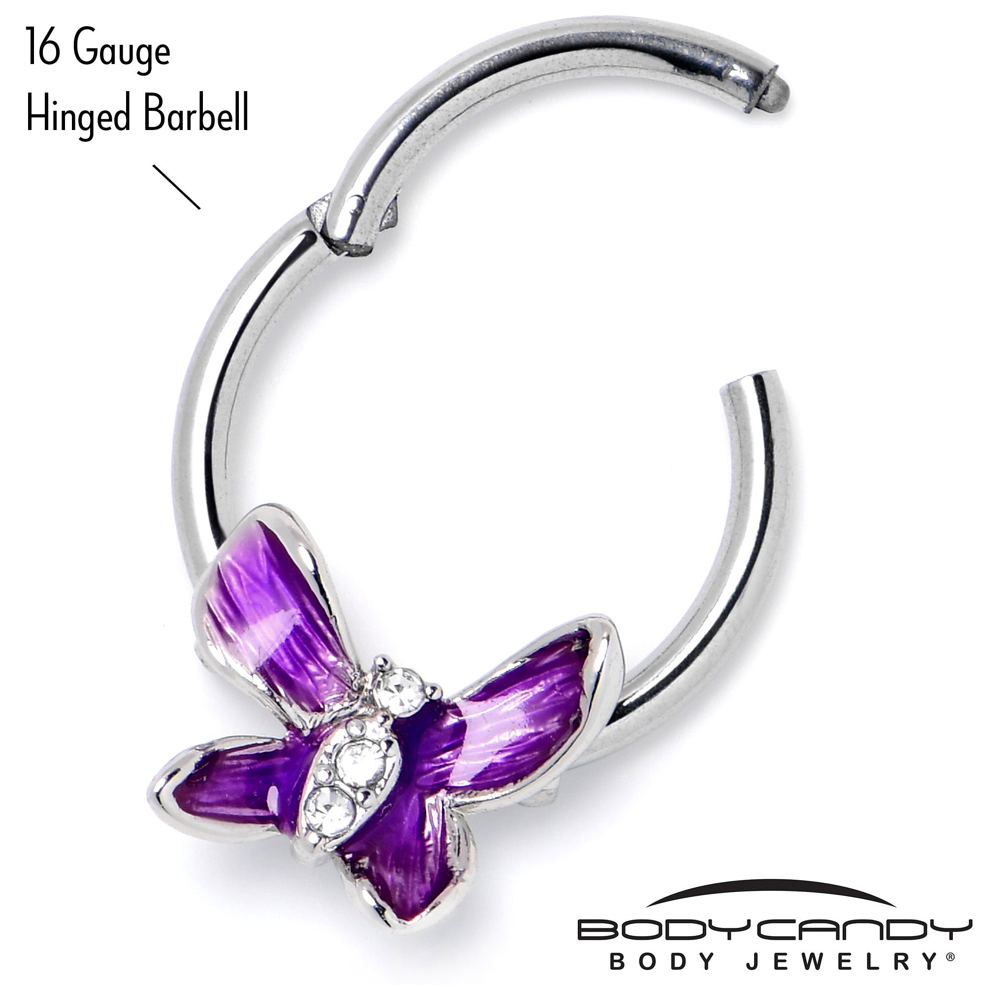BodyCandy 16G 3/8 Clear Gem Chunky Butterfly Purple Hinged Segment Ring — alternative angle