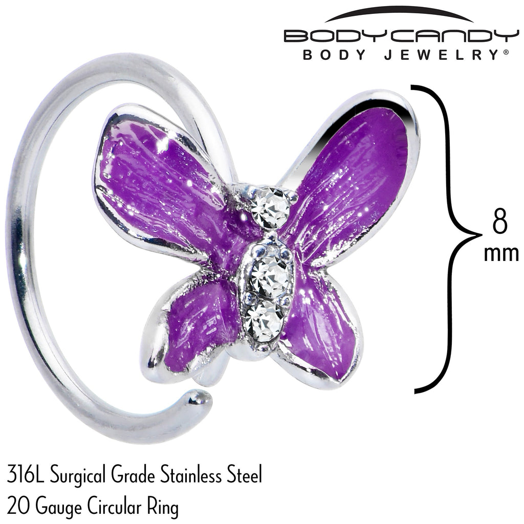 BodyCandy 20G 5/16 Clear Gem Chunky Butterfly Purple Nose Hoop — back view