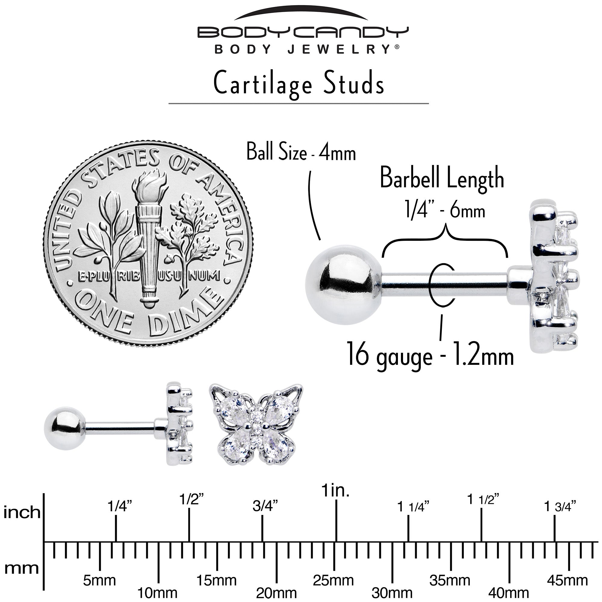 BodyCandy 16G 1/4 Clear Gem Baroque Beauty Butterfly Cartilage Tragus Earring — alternative angle
