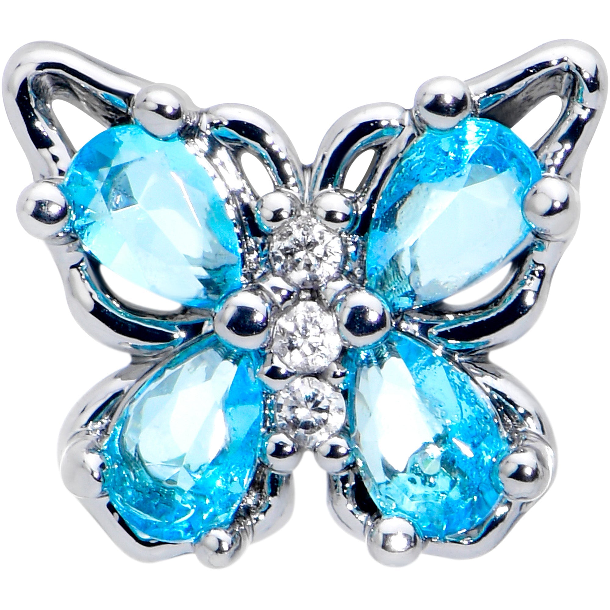BodyCandy 16G 5/16 Blue Gem Baroque Butterfly Internally Threaded Labret — detail close-up