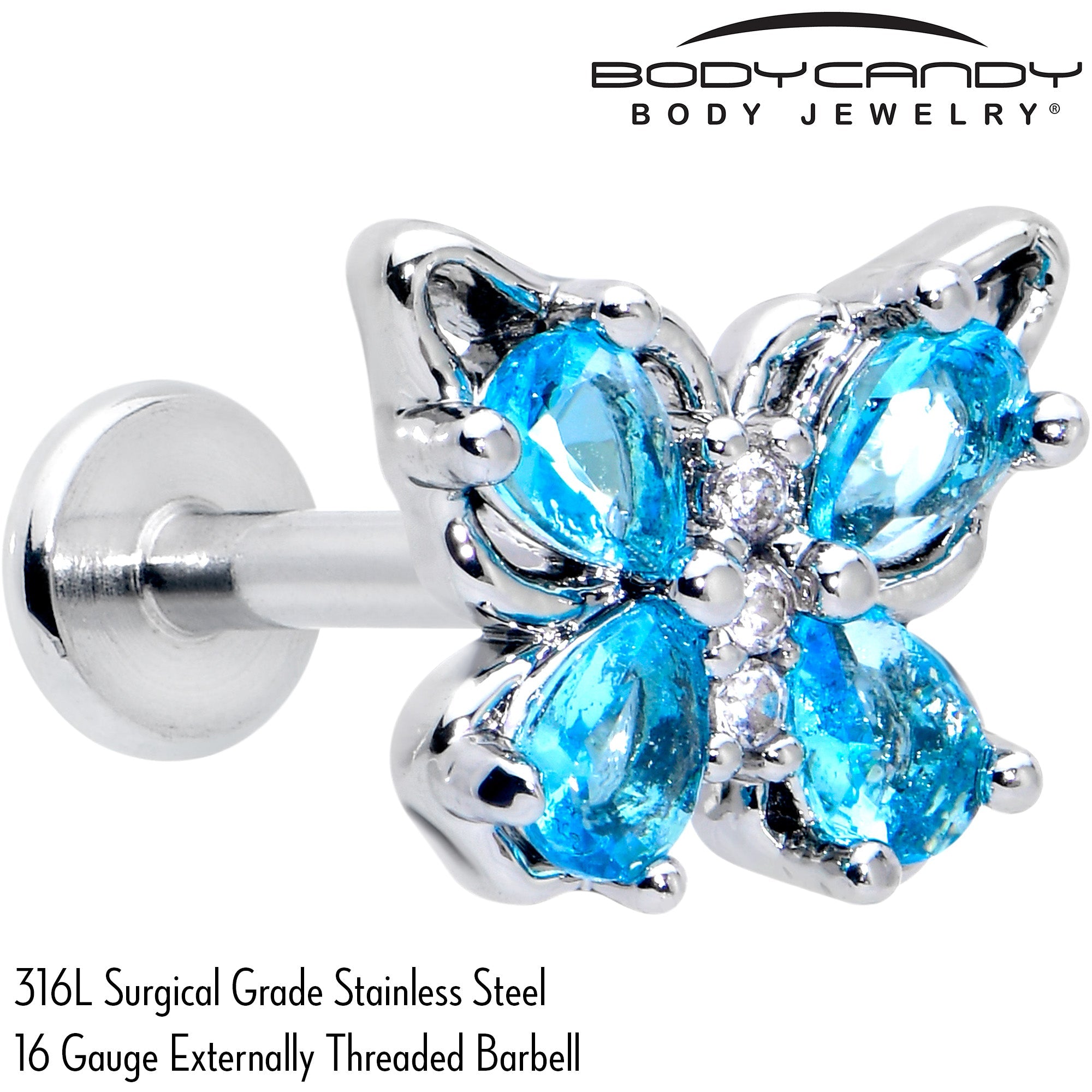 BodyCandy 16G 5/16 Blue Gem Baroque Butterfly Internally Threaded Labret — back view