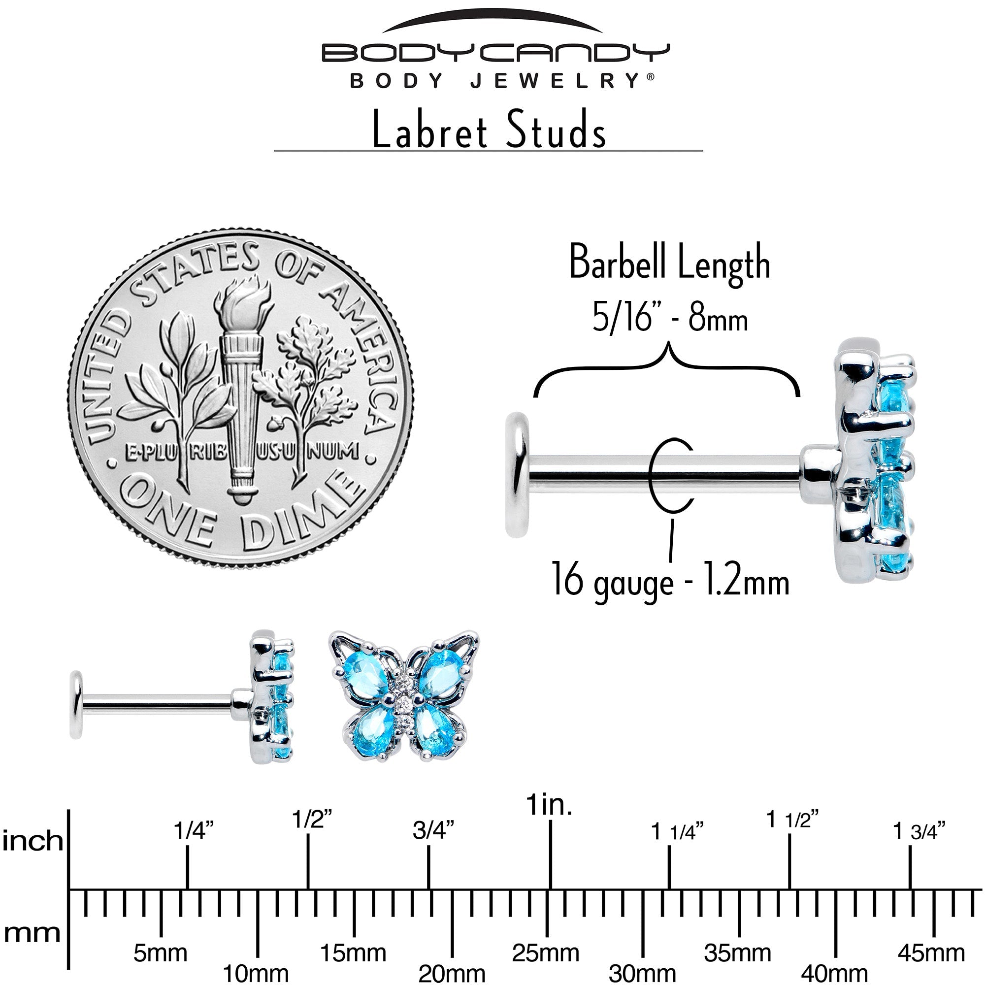BodyCandy 16G 5/16 Blue Gem Baroque Butterfly Internally Threaded Labret — alternative angle