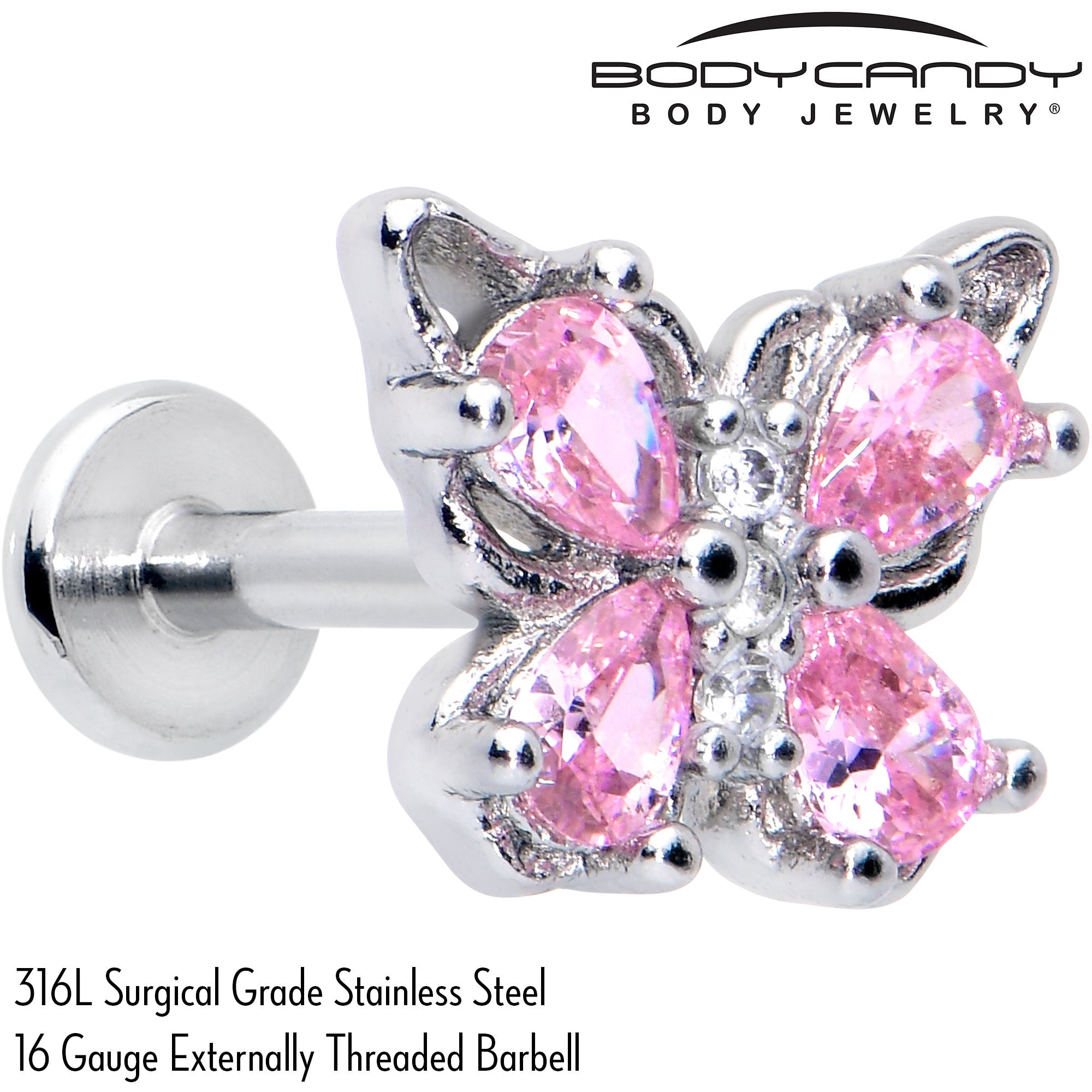 BodyCandy 16G 5/16 Pink Gem Baroque Butterfly Internally Threaded Labret — back view
