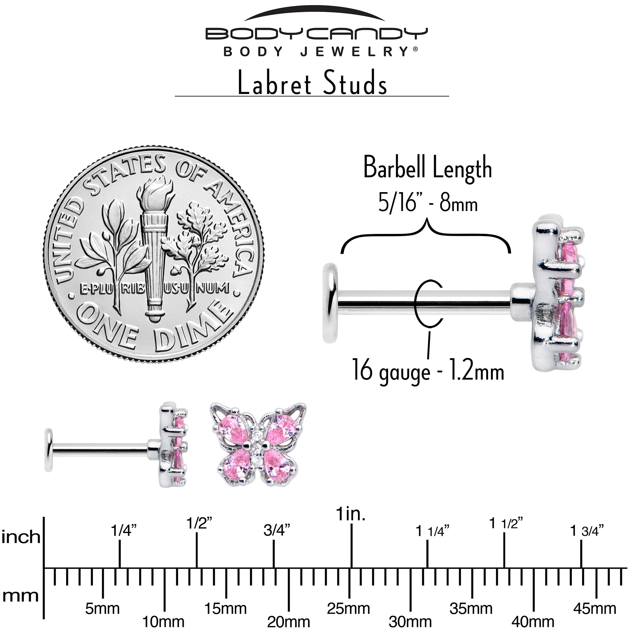 BodyCandy 16G 5/16 Pink Gem Baroque Butterfly Internally Threaded Labret — alternative angle