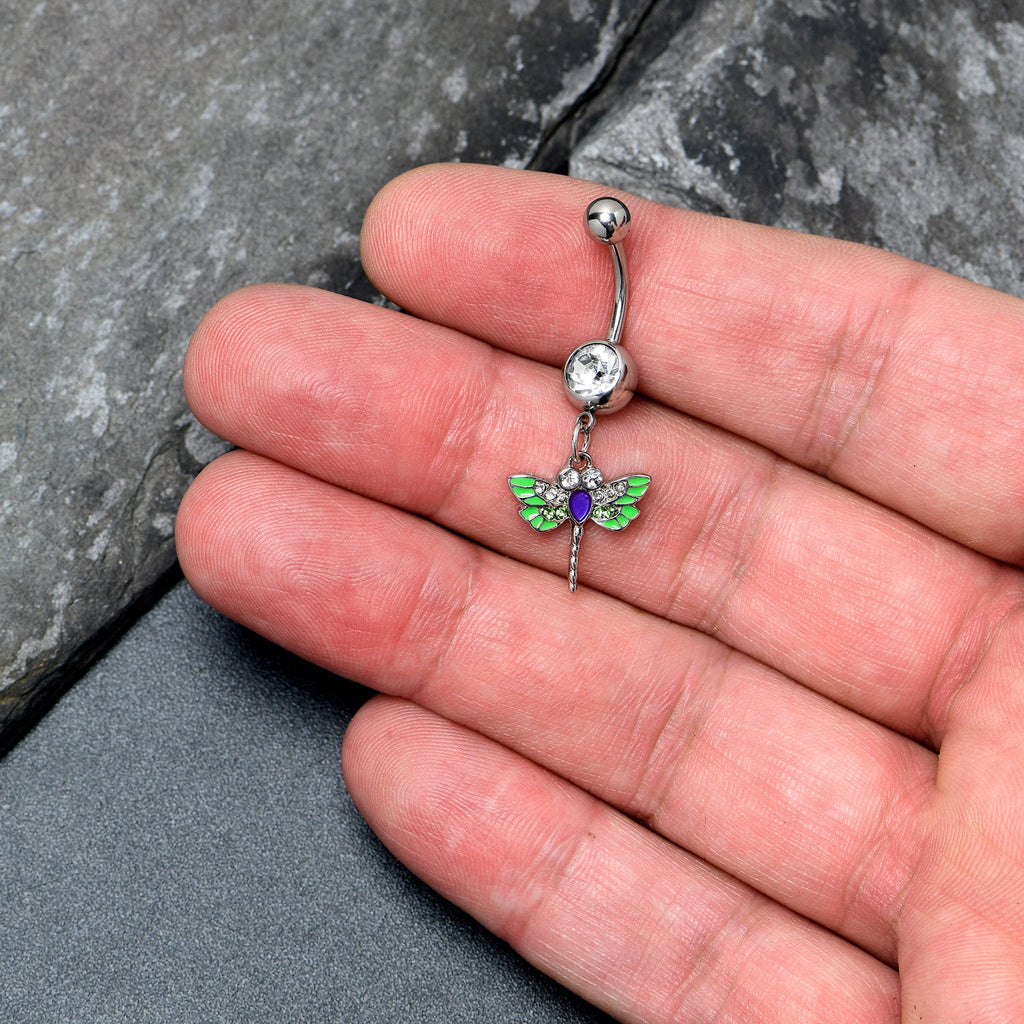 BodyCandy Green Clear Gem Bright Dragonfly Blue Dangle Belly Ring — detail close-up