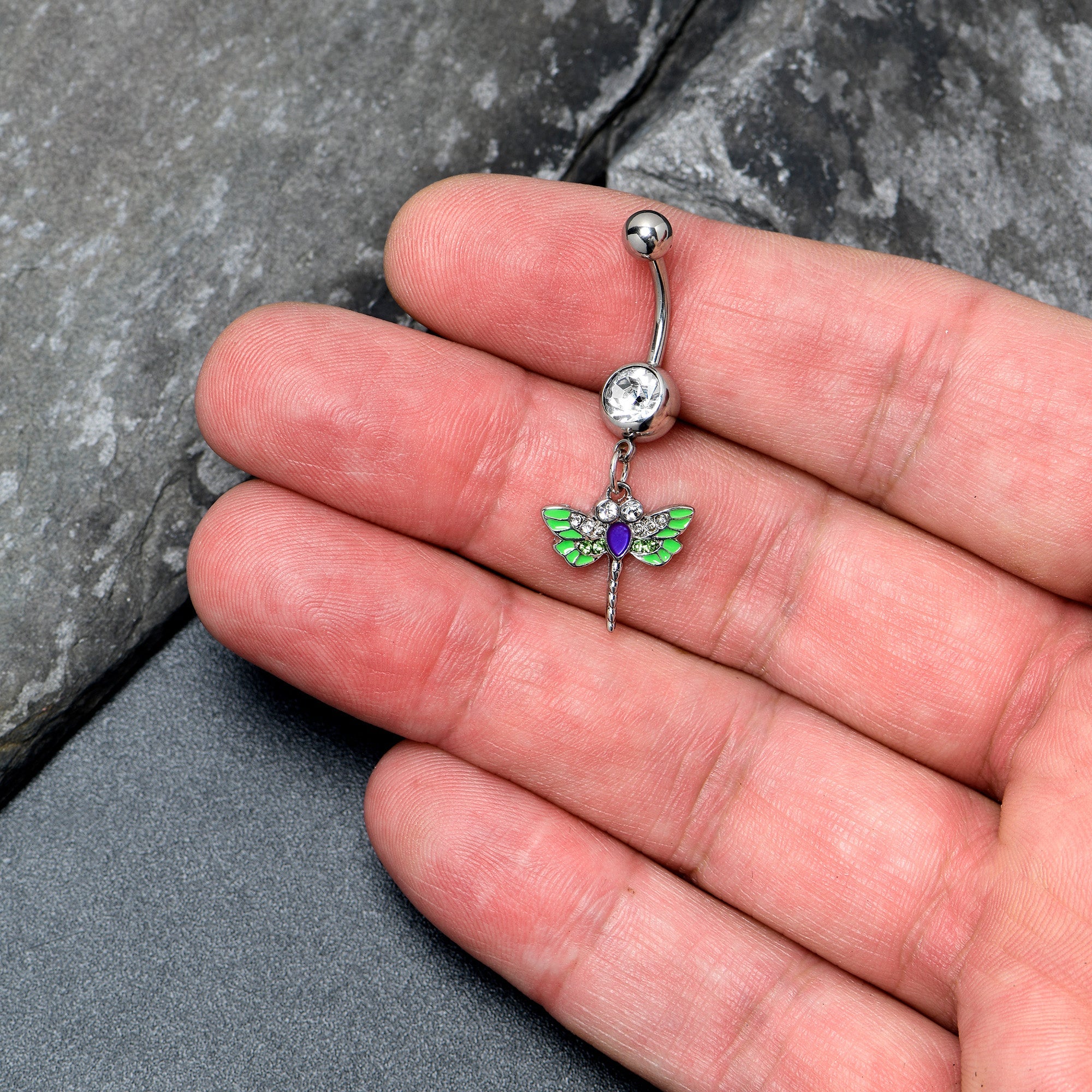 BodyCandy Green Clear Gem Bright Dragonfly Blue Dangle Belly Ring — detail close-up