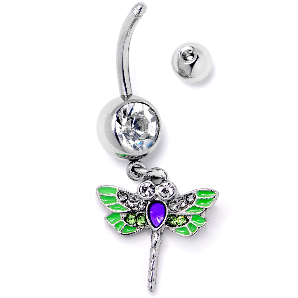 BodyCandy Green Clear Gem Bright Dragonfly Blue Dangle Belly Ring — side view