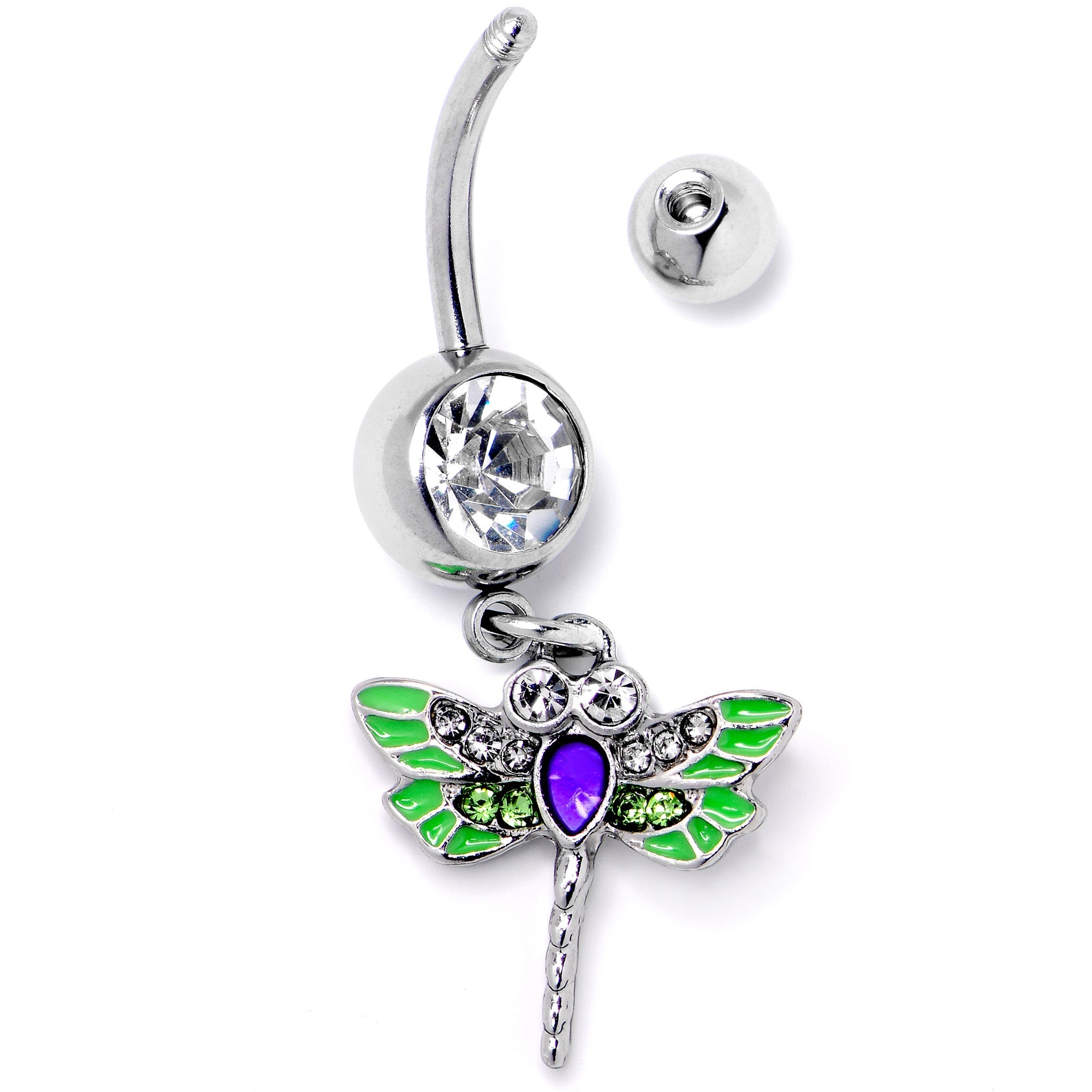 BodyCandy Green Clear Gem Bright Dragonfly Blue Dangle Belly Ring — side view