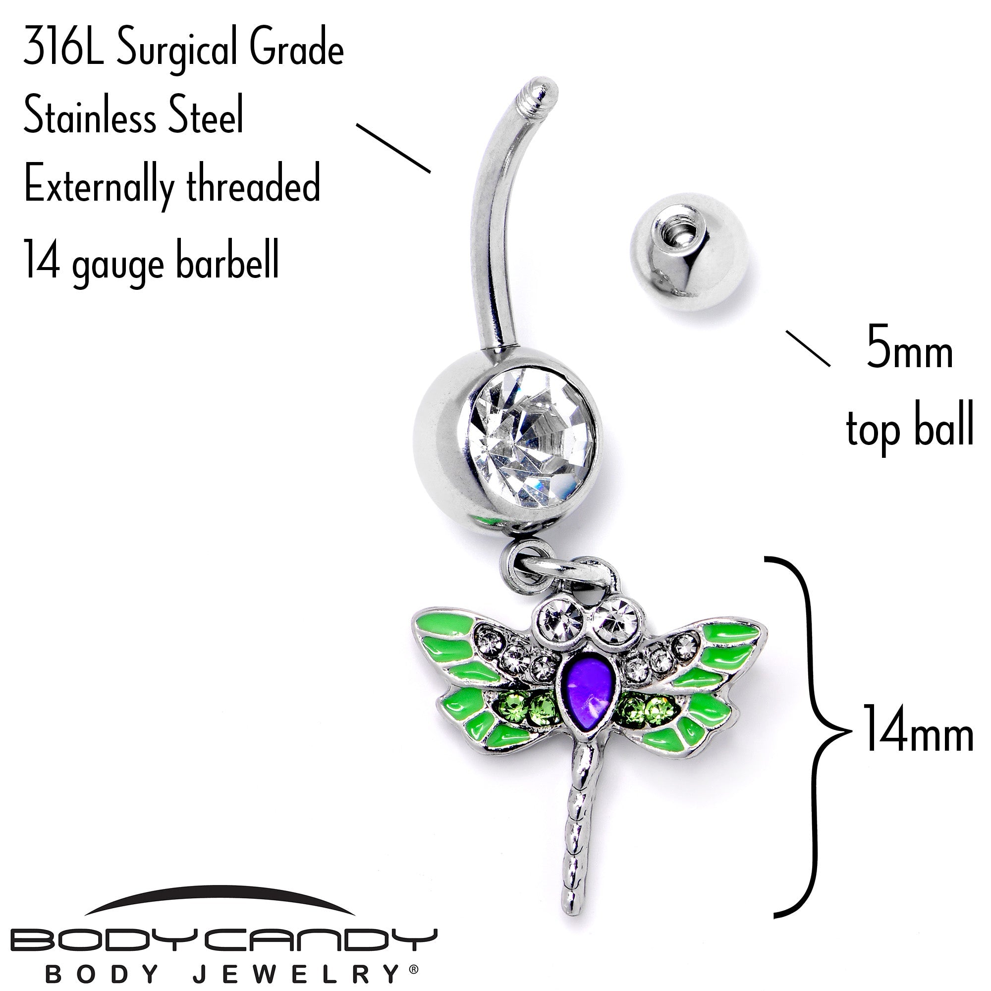 BodyCandy Green Clear Gem Bright Dragonfly Blue Dangle Belly Ring — back view