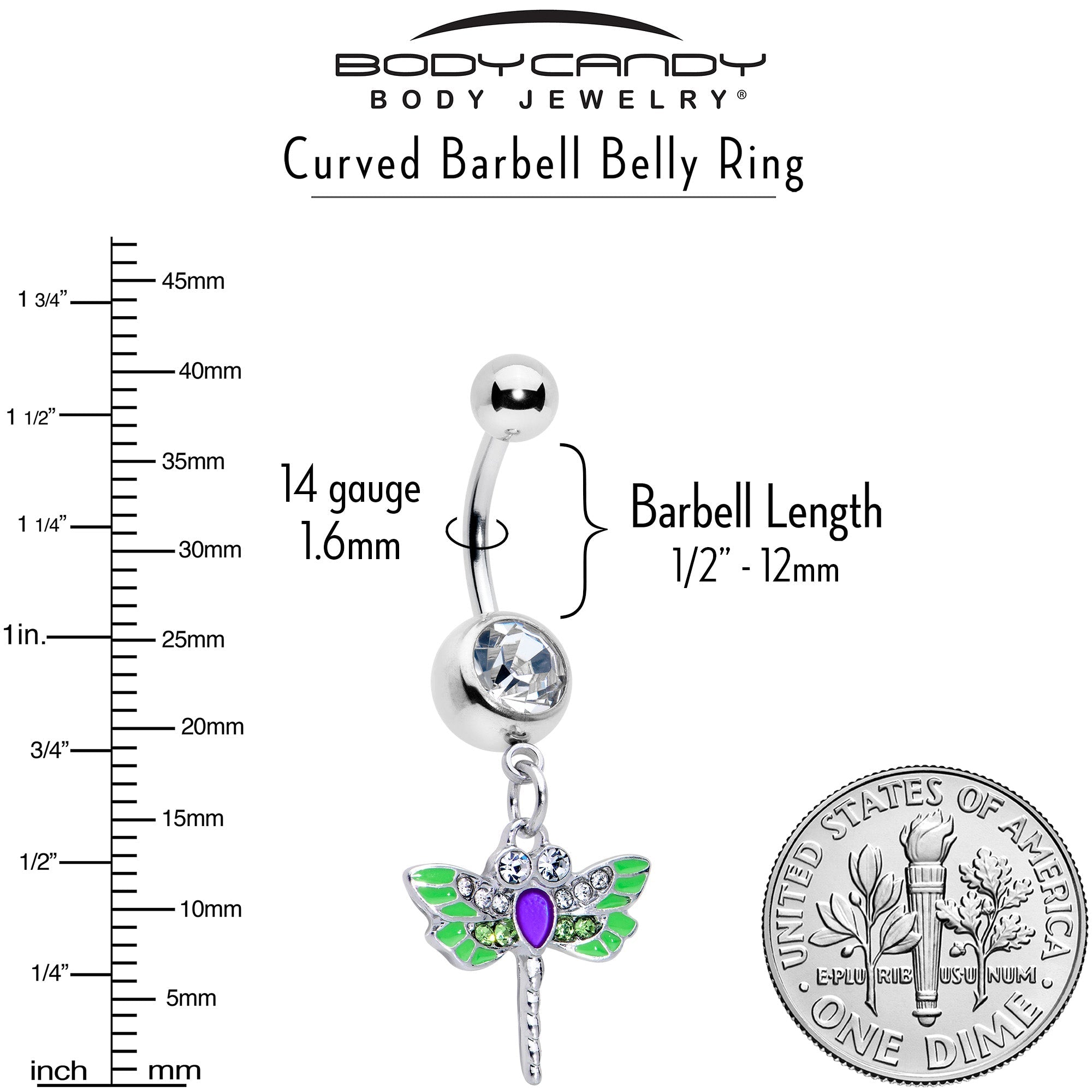 BodyCandy Green Clear Gem Bright Dragonfly Blue Dangle Belly Ring — alternative angle