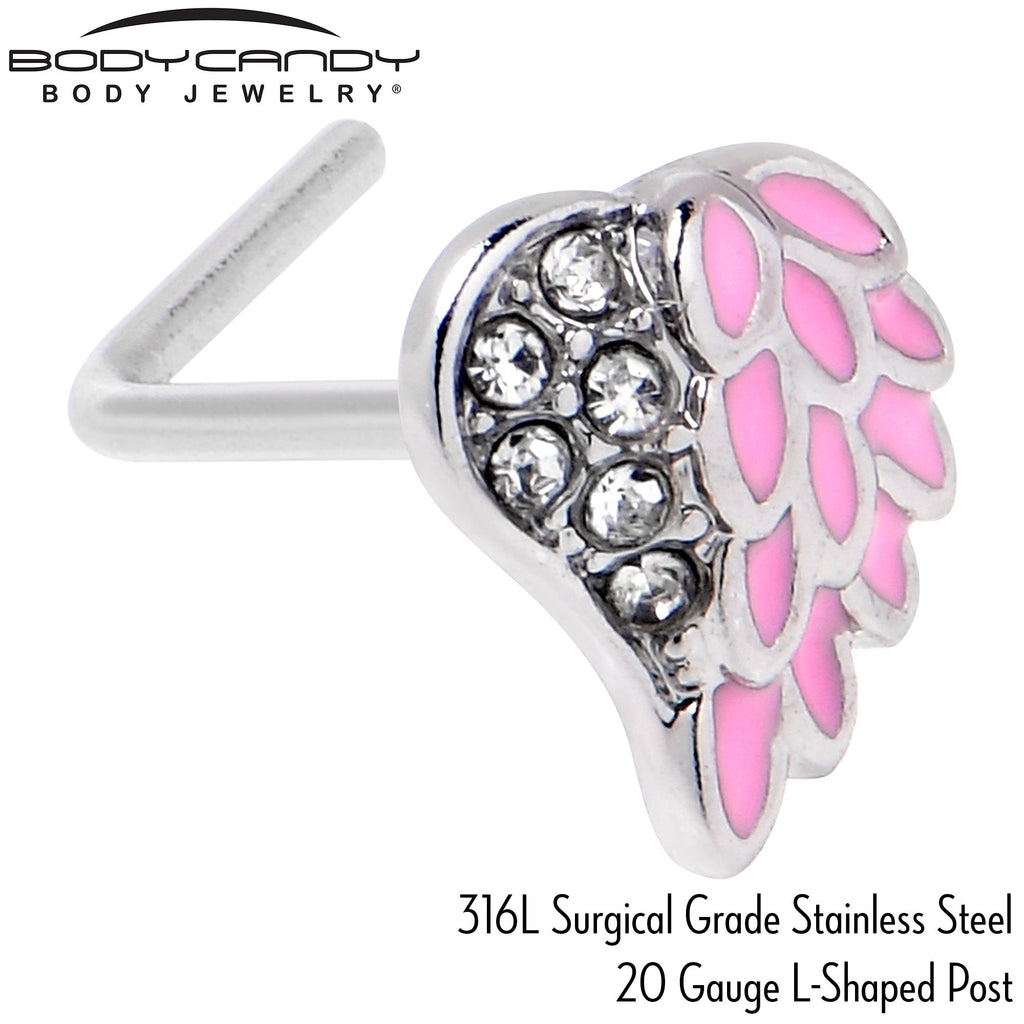 BodyCandy 20G 7mm Clear Gem Heavenly Heart Angel Wing Pink L Shape Nose Ring — back view