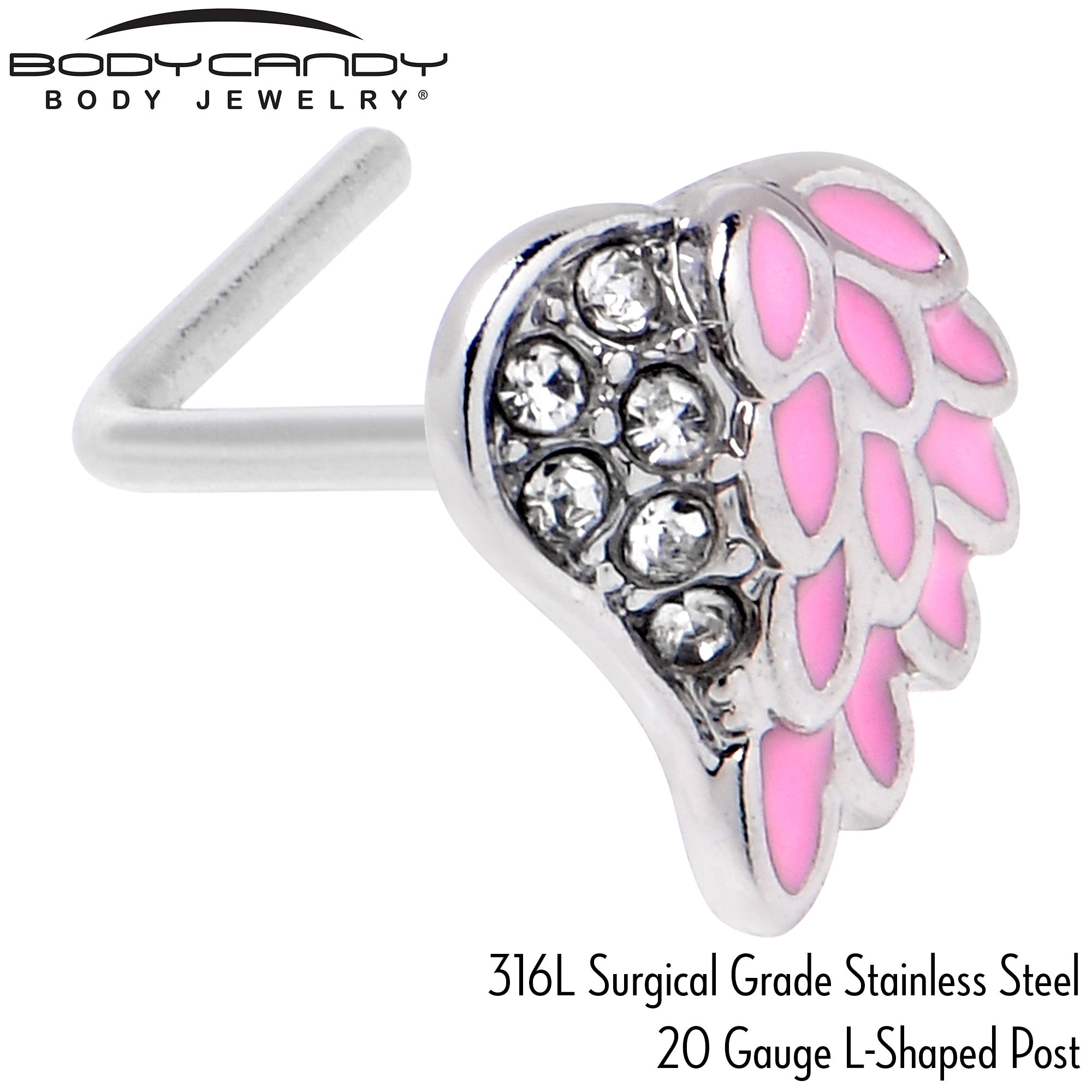BodyCandy 20G 7mm Clear Gem Heavenly Heart Angel Wing Pink L Shape Nose Ring — back view